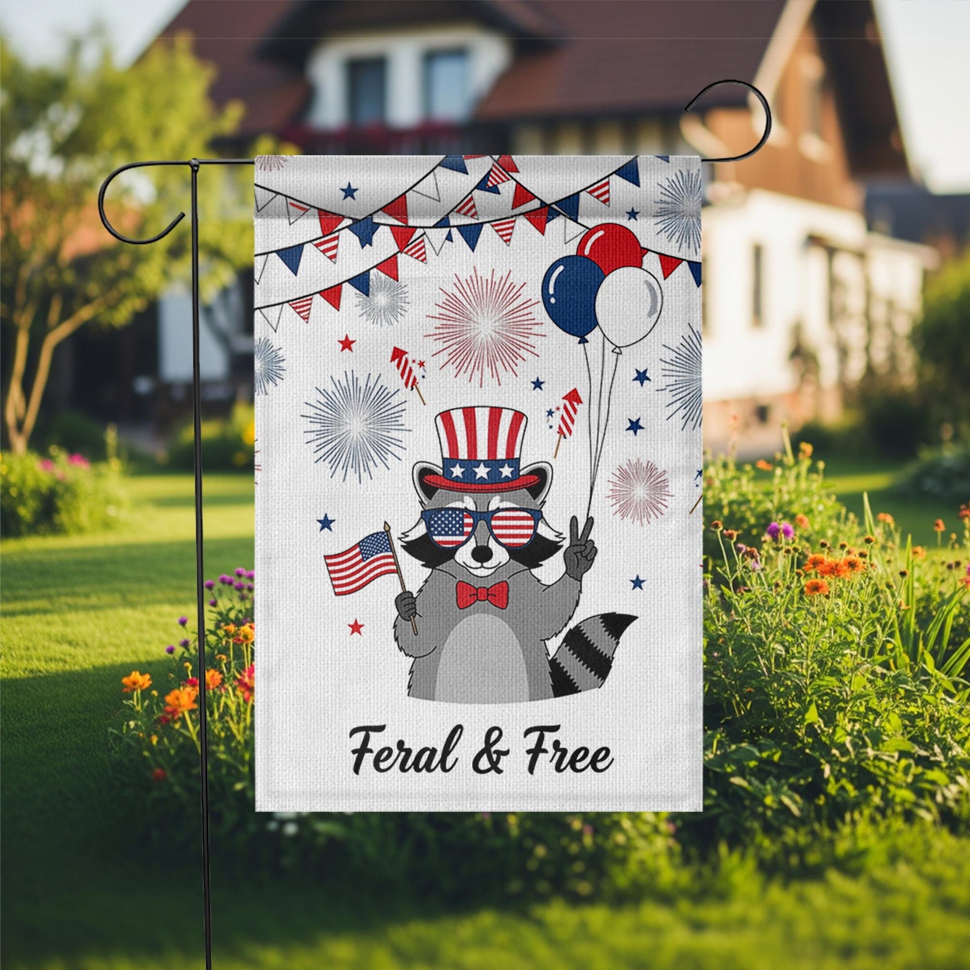 Feral and Free Garden Flag, Funny Raccoon Yard Decor, 4th of July Outdoor Flag, Patriotic Animal Banner, Independence Day Decor