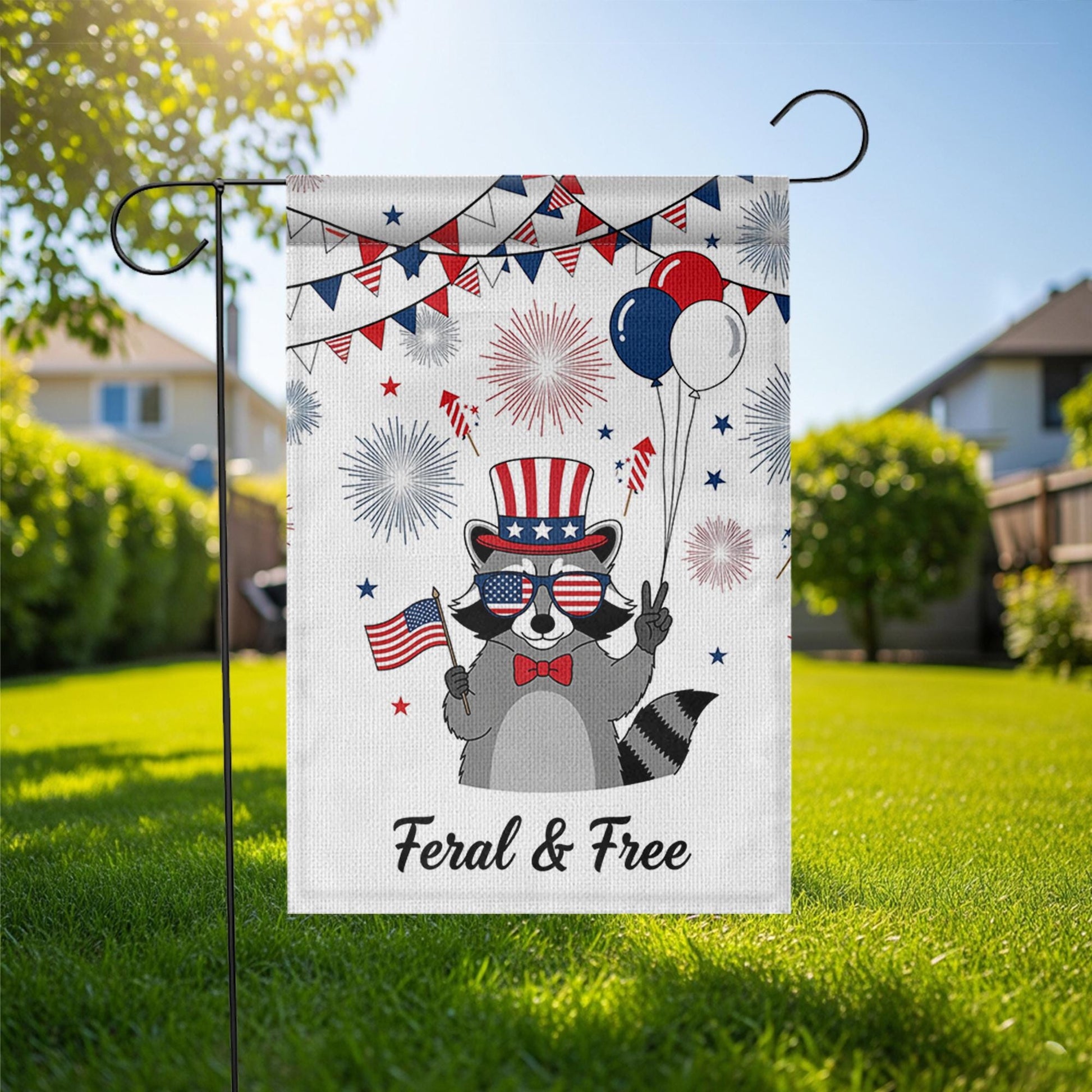 Feral and Free Garden Flag, Funny Raccoon Yard Decor, 4th of July Outdoor Flag, Patriotic Animal Banner, Independence Day Decor
