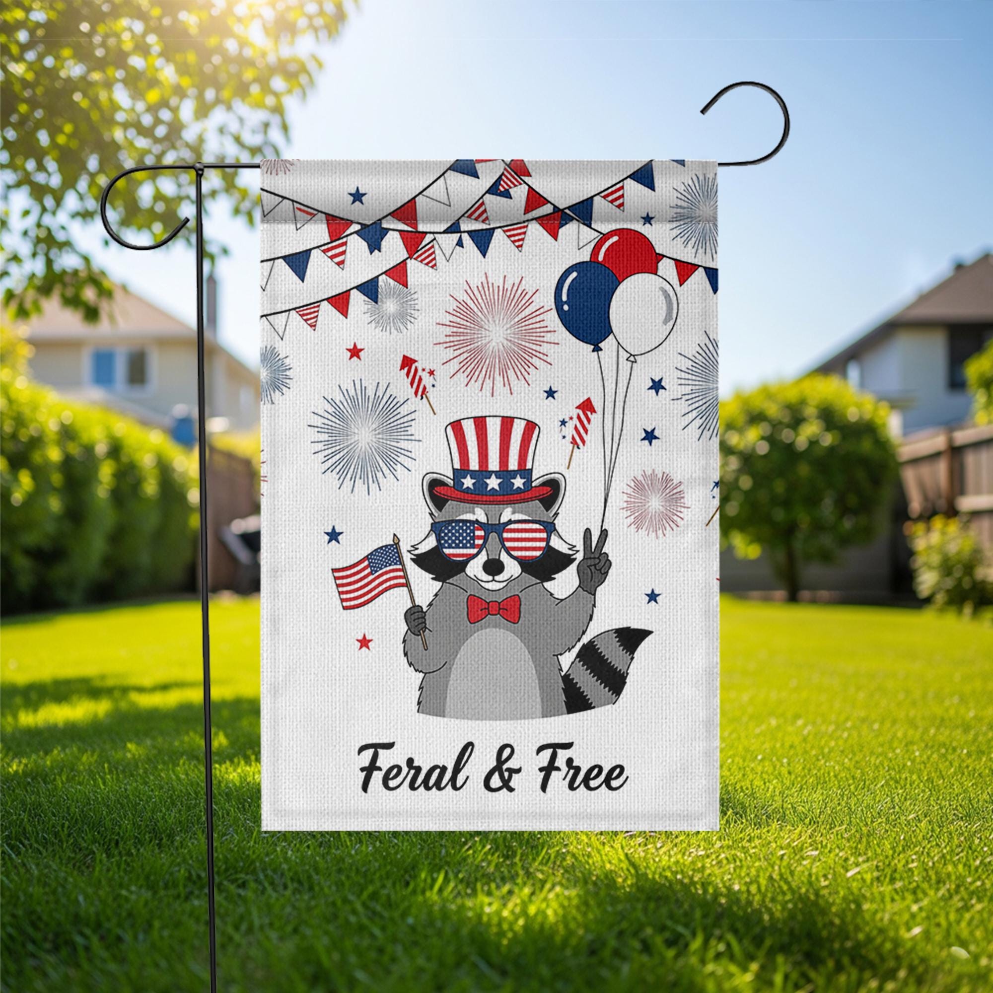 Feral and Free Garden Flag, Funny Raccoon Yard Decor, 4th of July Outdoor Flag, Patriotic Animal Banner, Independence Day Decor