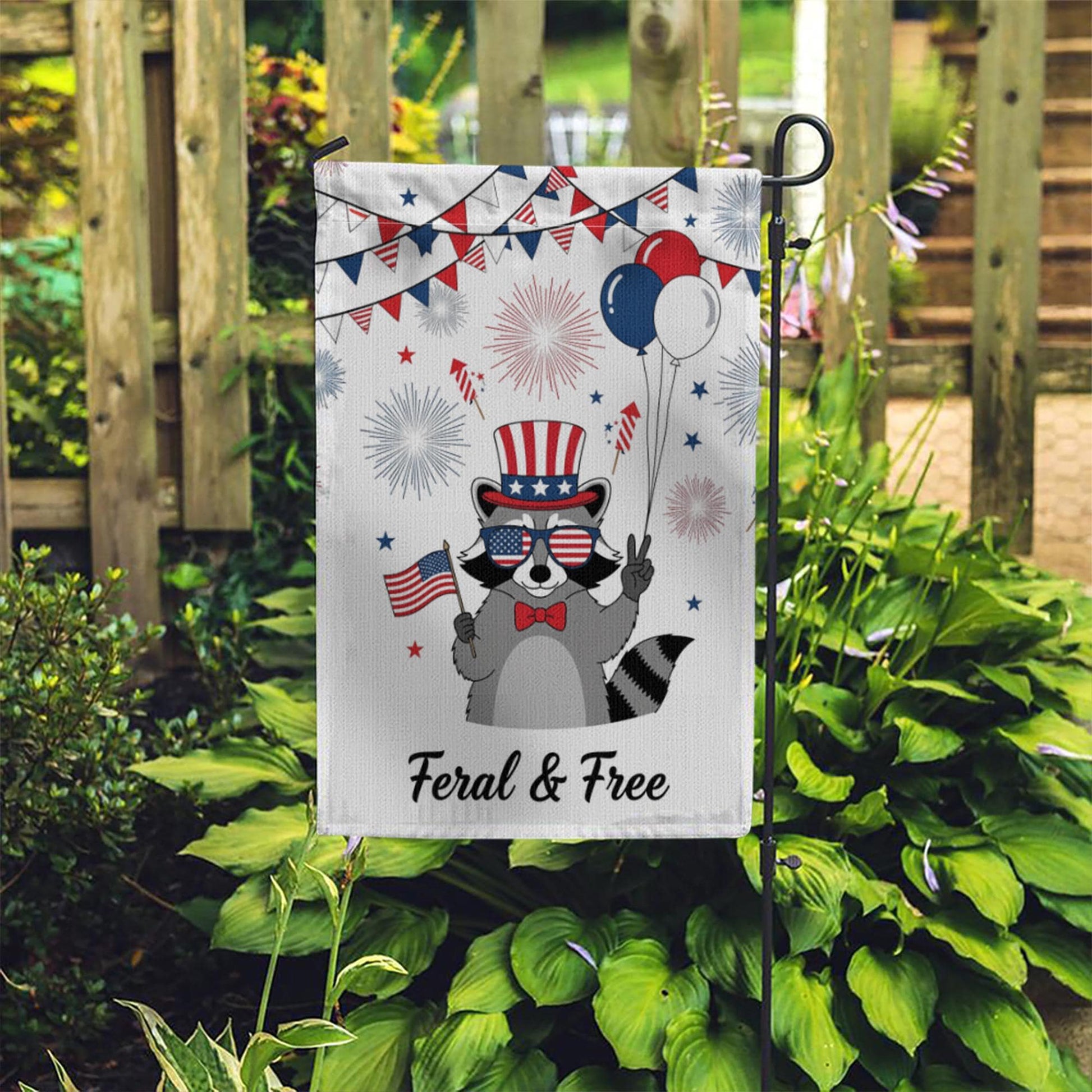 Feral and Free Garden Flag, Funny Raccoon Yard Decor, 4th of July Outdoor Flag, Patriotic Animal Banner, Independence Day Decor