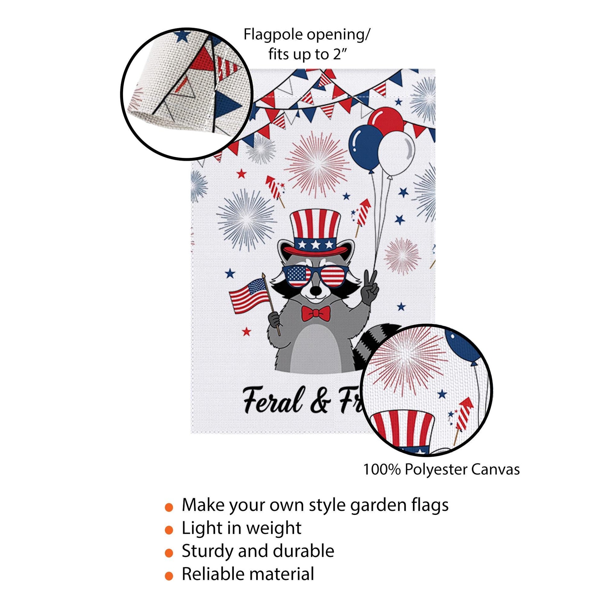 Feral and Free Garden Flag, Funny Raccoon Yard Decor, 4th of July Outdoor Flag, Patriotic Animal Banner, Independence Day Decor
