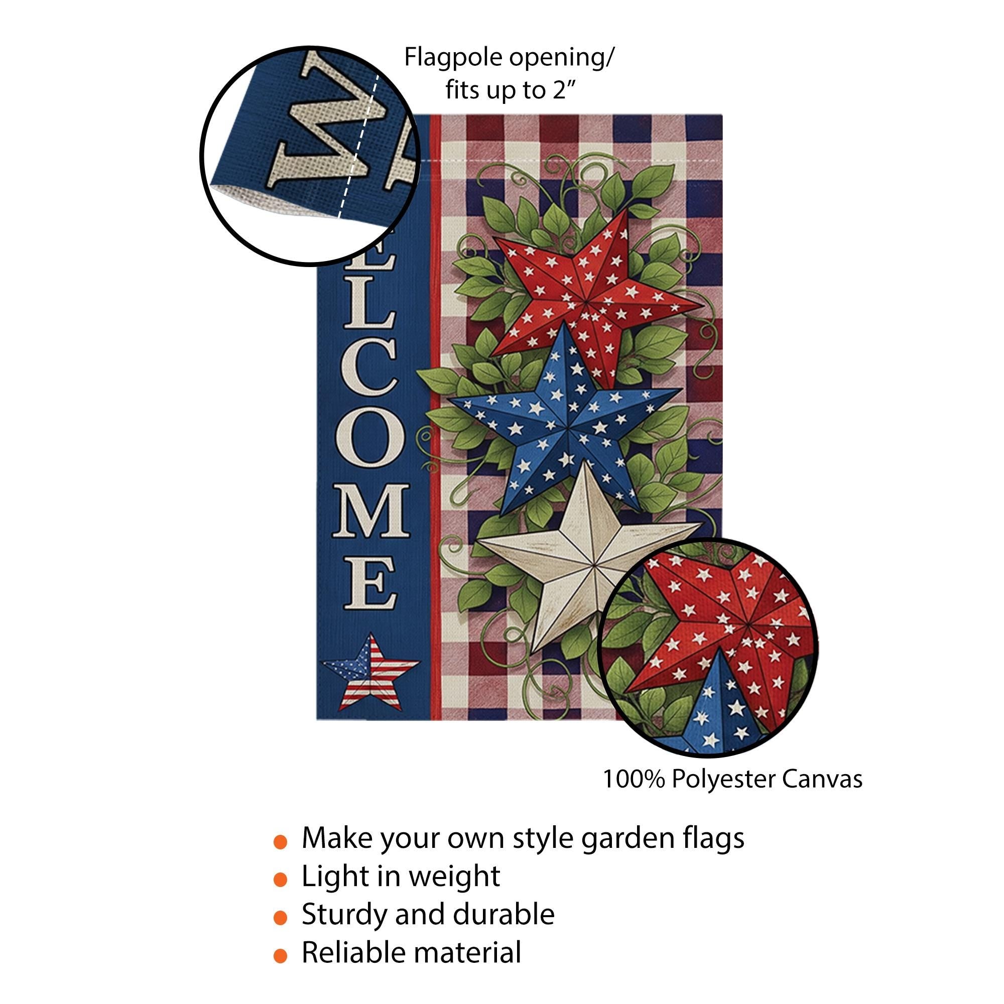 Patriotic Welcome Garden Flag, Red White Blue Star Yard Decor, 4th of July Outdoor Flag, Rustic Americana Summer Porch Banner