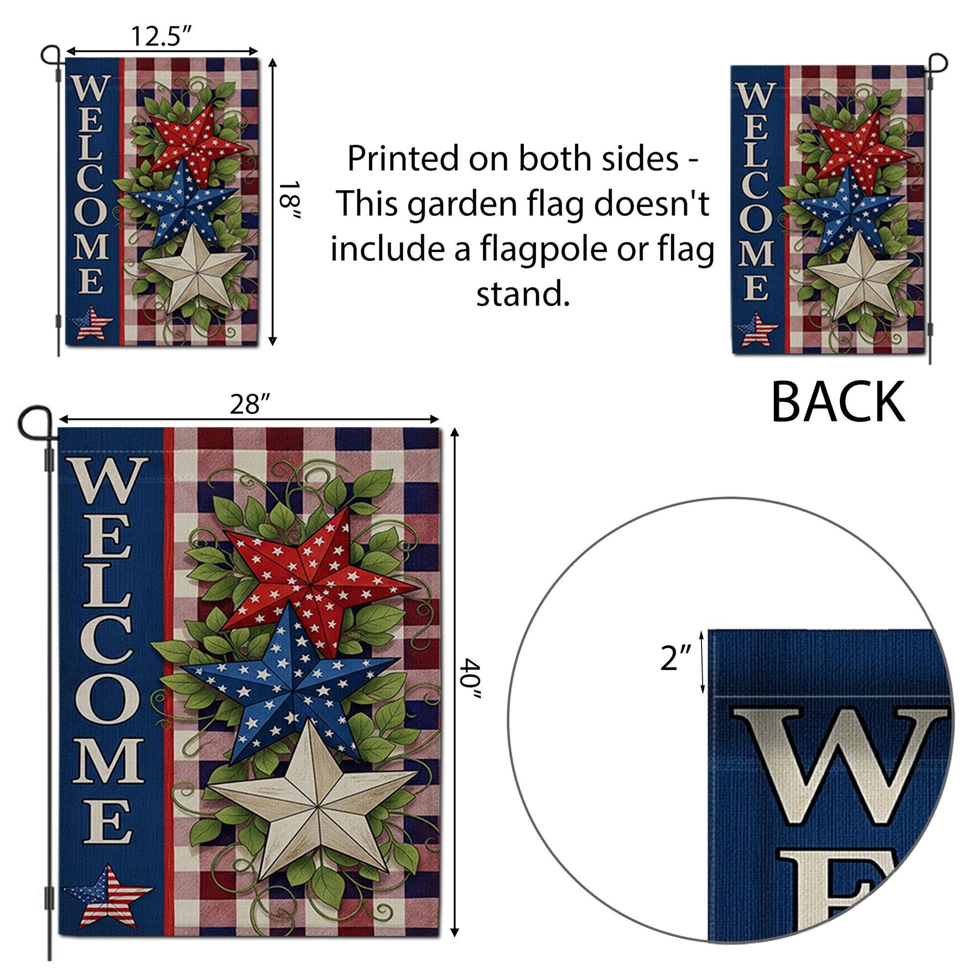 Patriotic Welcome Garden Flag, Red White Blue Star Yard Decor, 4th of July Outdoor Flag, Rustic Americana Summer Porch Banner