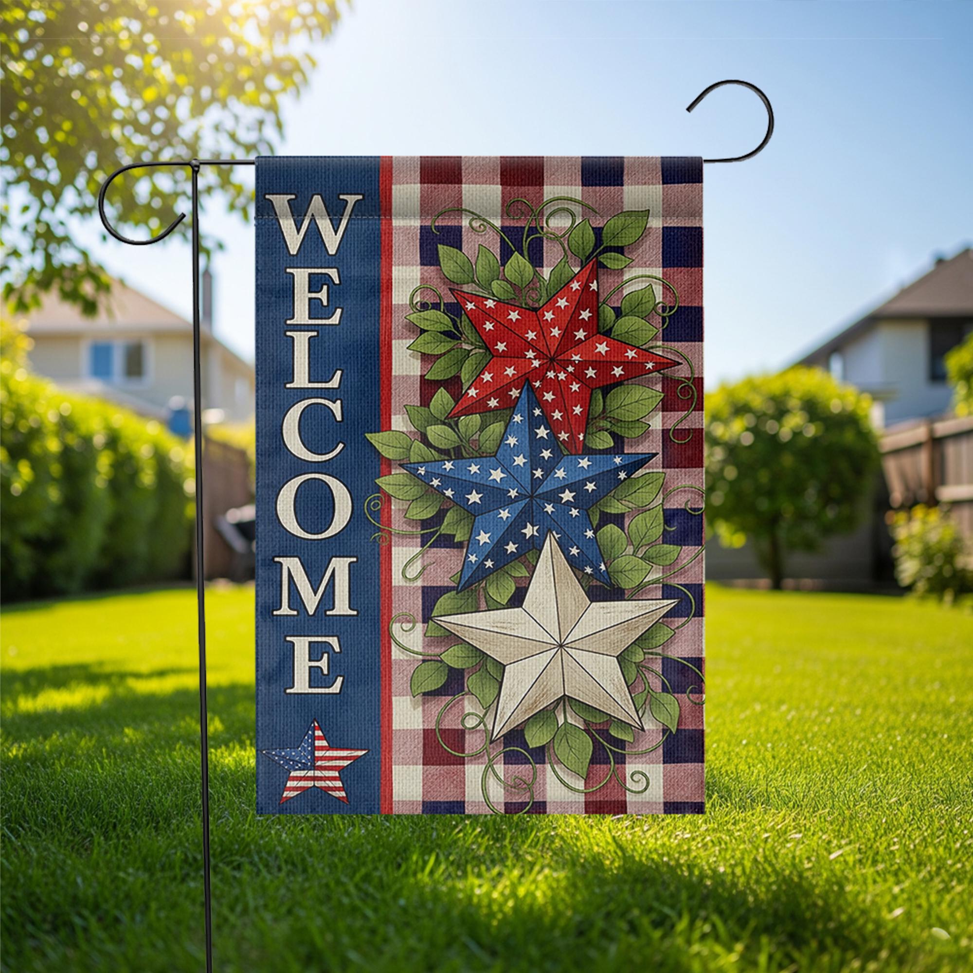 Patriotic Welcome Garden Flag, Red White Blue Star Yard Decor, 4th of July Outdoor Flag, Rustic Americana Summer Porch Banner