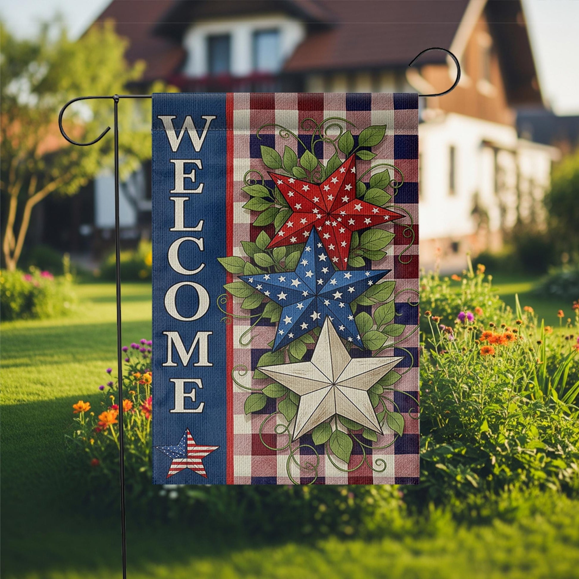 Patriotic Welcome Garden Flag, Red White Blue Star Yard Decor, 4th of July Outdoor Flag, Rustic Americana Summer Porch Banner