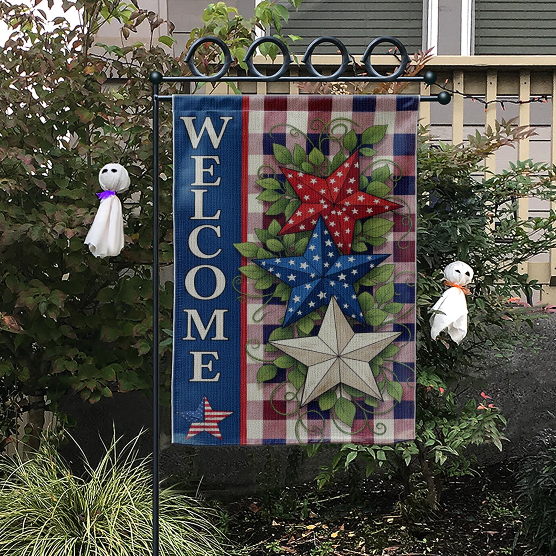 Patriotic Welcome Garden Flag, Red White Blue Star Yard Decor, 4th of July Outdoor Flag, Rustic Americana Summer Porch Banner