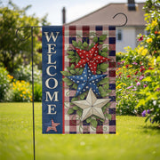 Patriotic Welcome Garden Flag, Red White Blue Star Yard Decor, 4th of July Outdoor Flag, Rustic Americana Summer Porch Banner