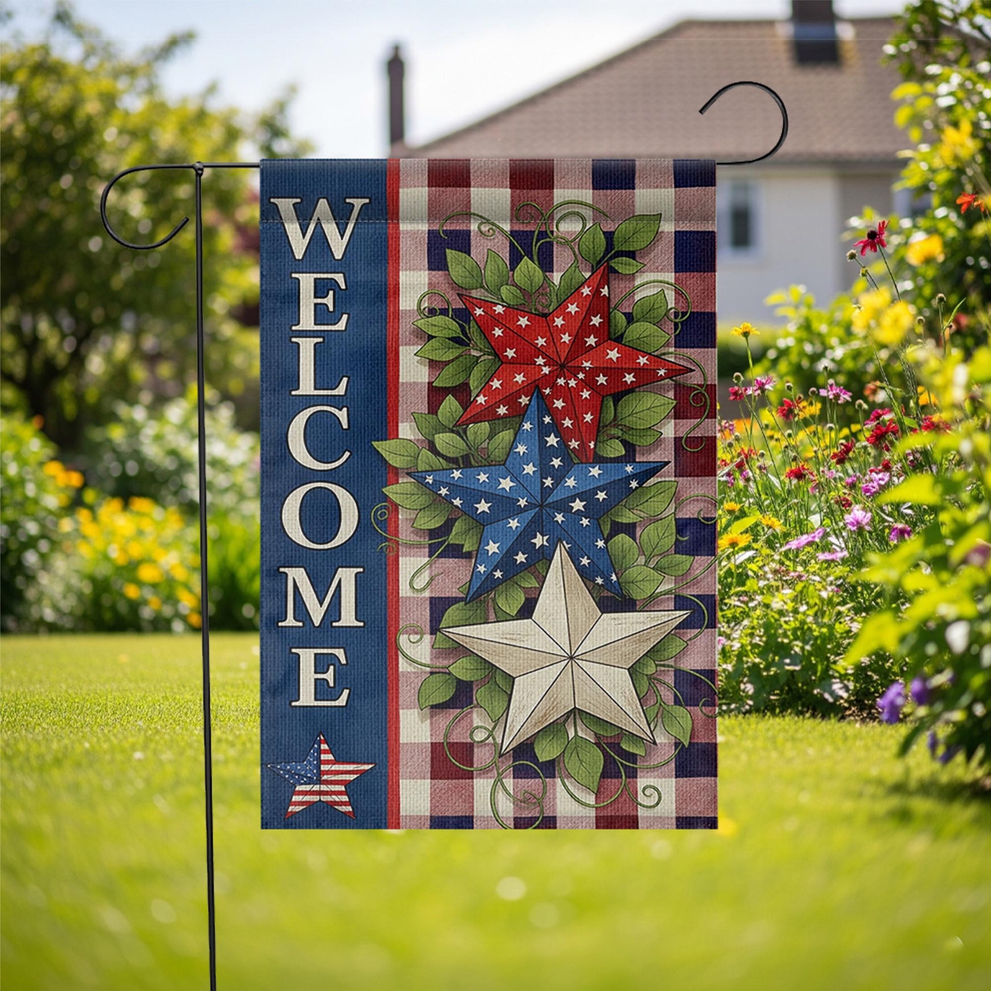 Patriotic Welcome Garden Flag, Red White Blue Star Yard Decor, 4th of July Outdoor Flag, Rustic Americana Summer Porch Banner