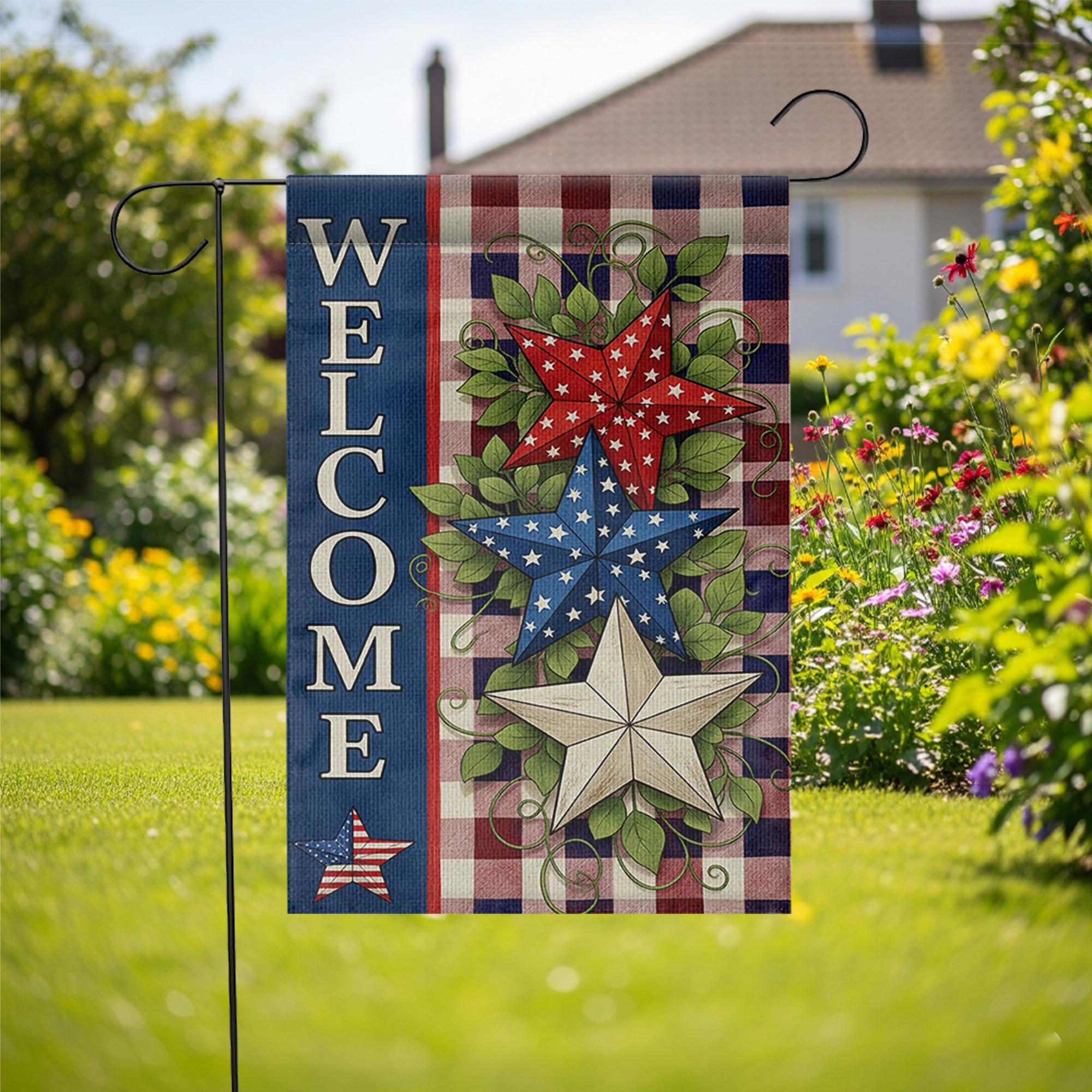 Patriotic Welcome Garden Flag, Red White Blue Star Yard Decor, 4th of July Outdoor Flag, Rustic Americana Summer Porch Banner