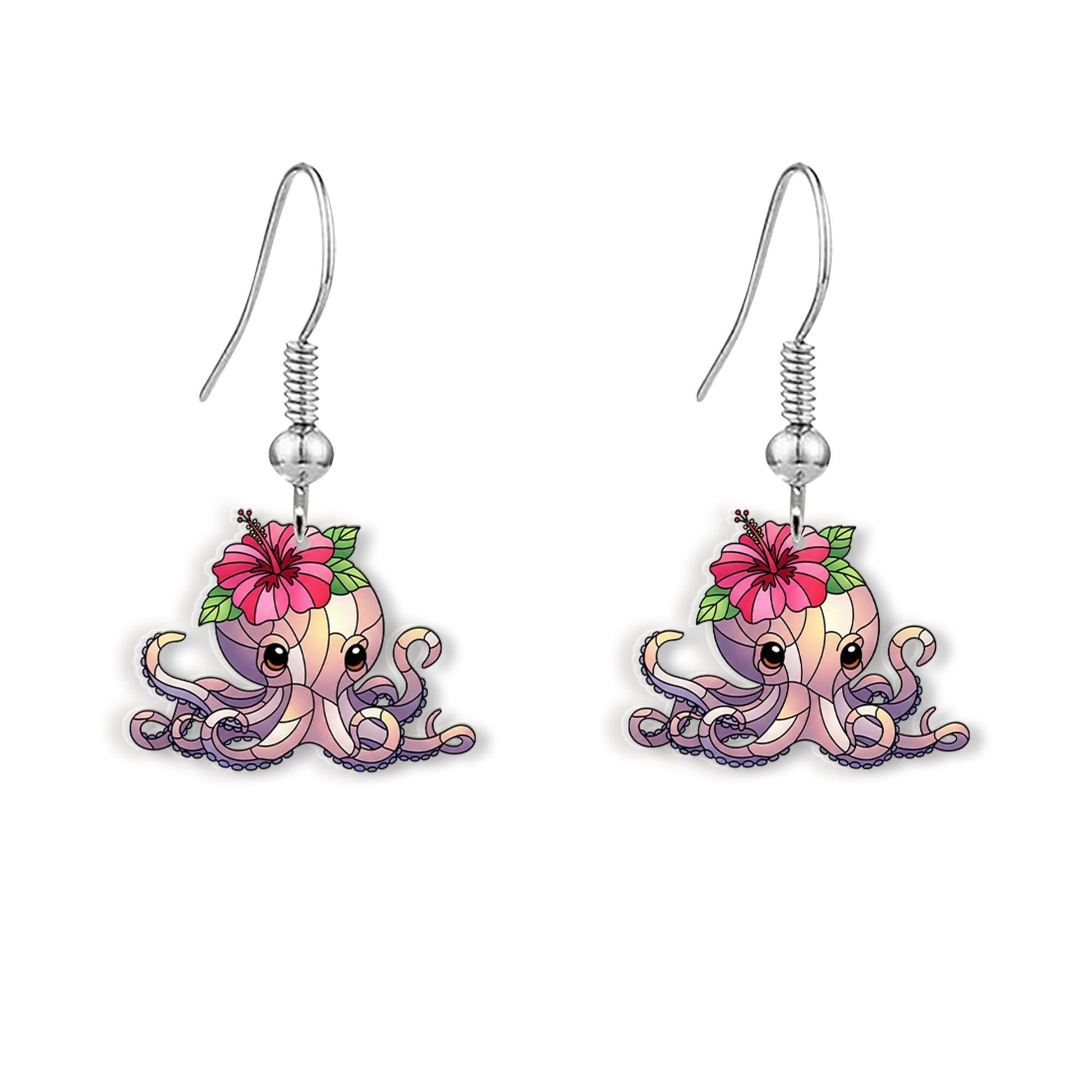 Hibiscus Octopus Earrings – Cute Ocean-Inspired Beach Jewelry, Tropical Floral Sea Animal Gift, Fun Summer Dangle Earrings for Her