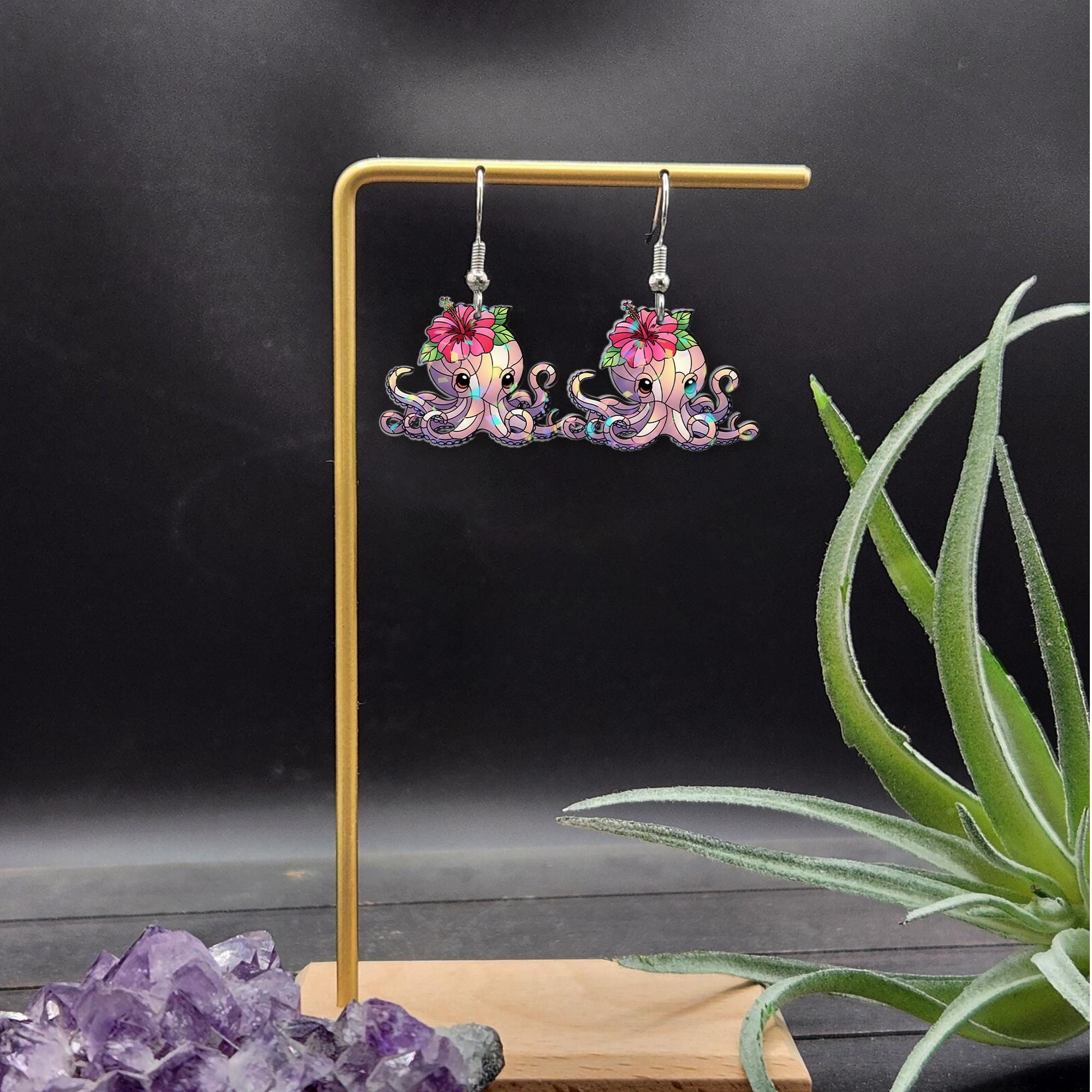 Hibiscus Octopus Earrings – Cute Ocean-Inspired Beach Jewelry, Tropical Floral Sea Animal Gift, Fun Summer Dangle Earrings for Her