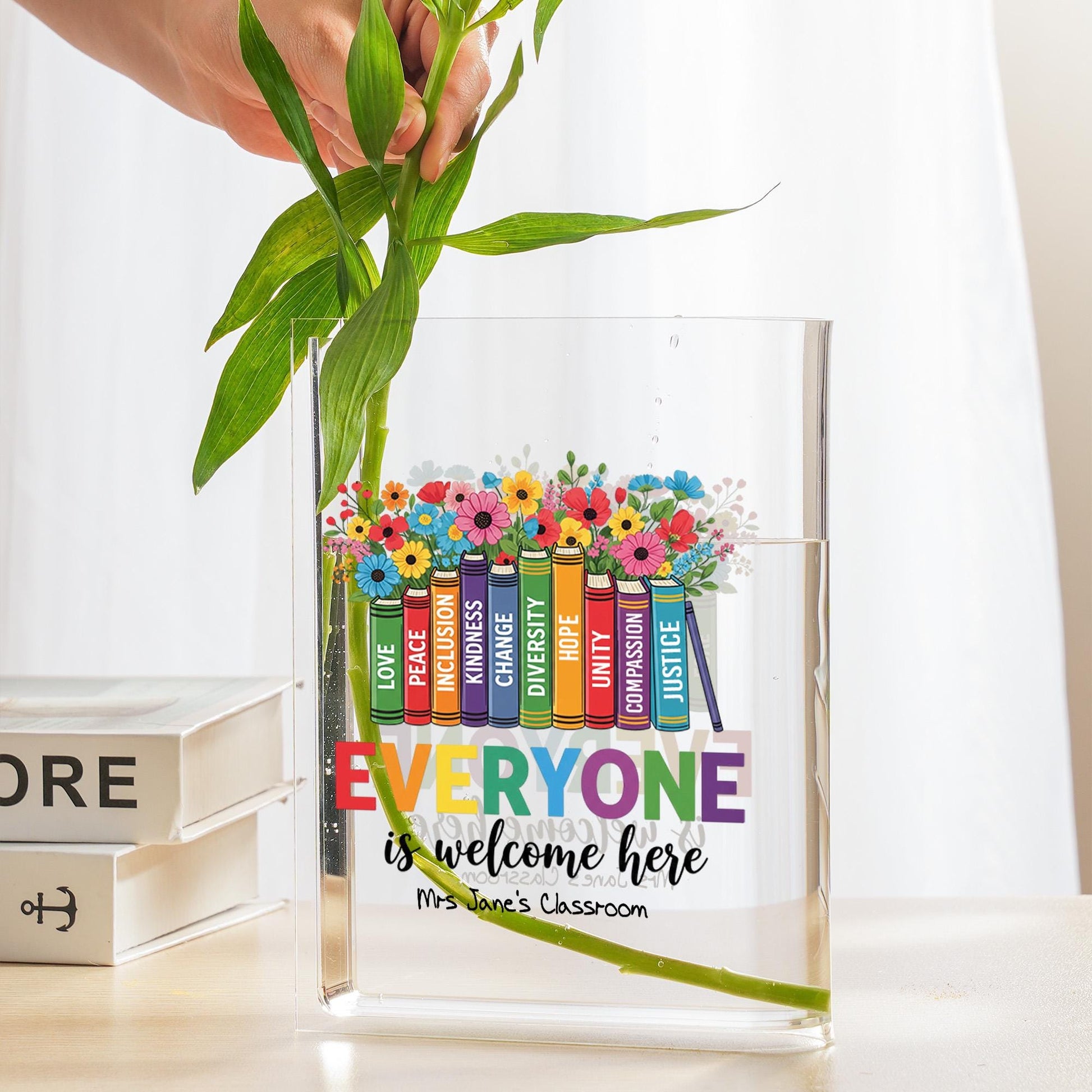 Teacher Book Vase Everyone is Welcome | Pride Month Classroom Decor | Autism Awareness Gift | LGBTQ Inclusive Teacher Appreciation