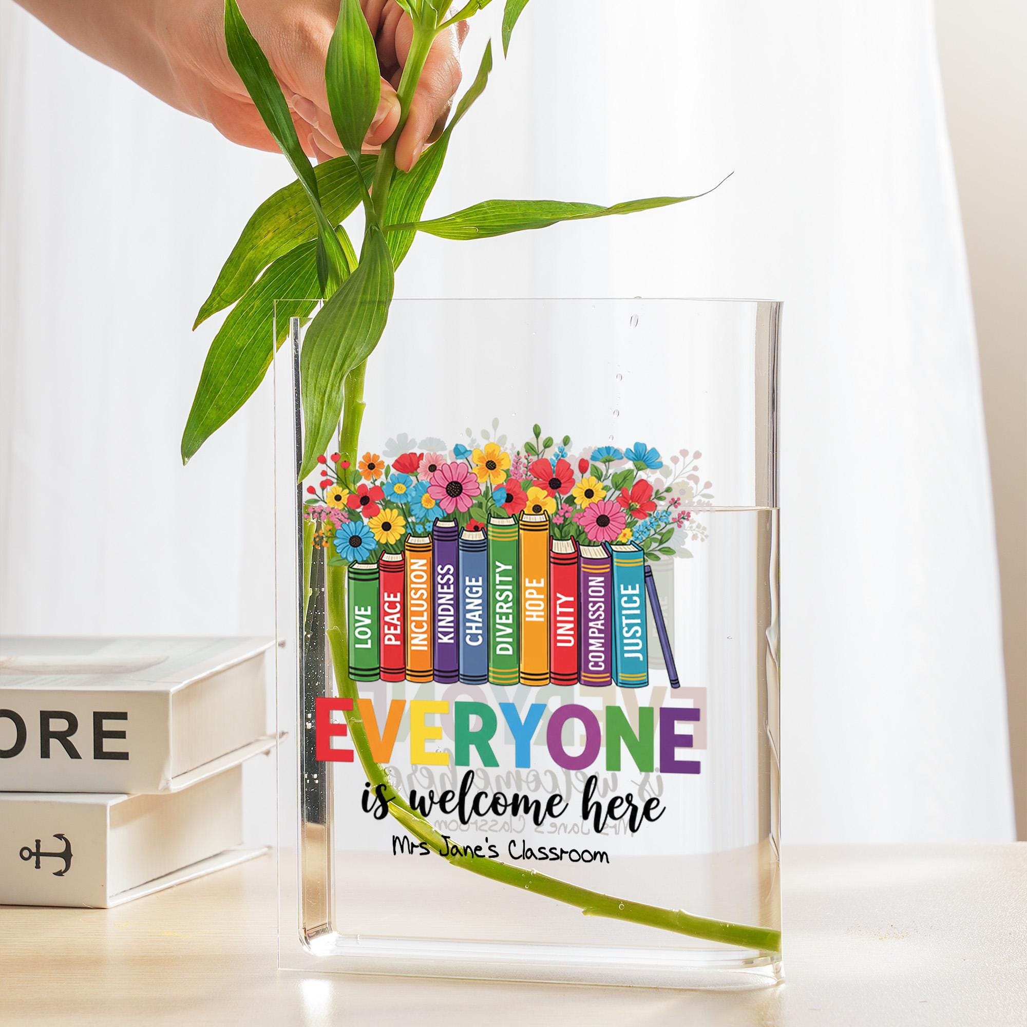 Teacher Book Vase Everyone is Welcome | Pride Month Classroom Decor | Autism Awareness Gift | LGBTQ Inclusive Teacher Appreciation