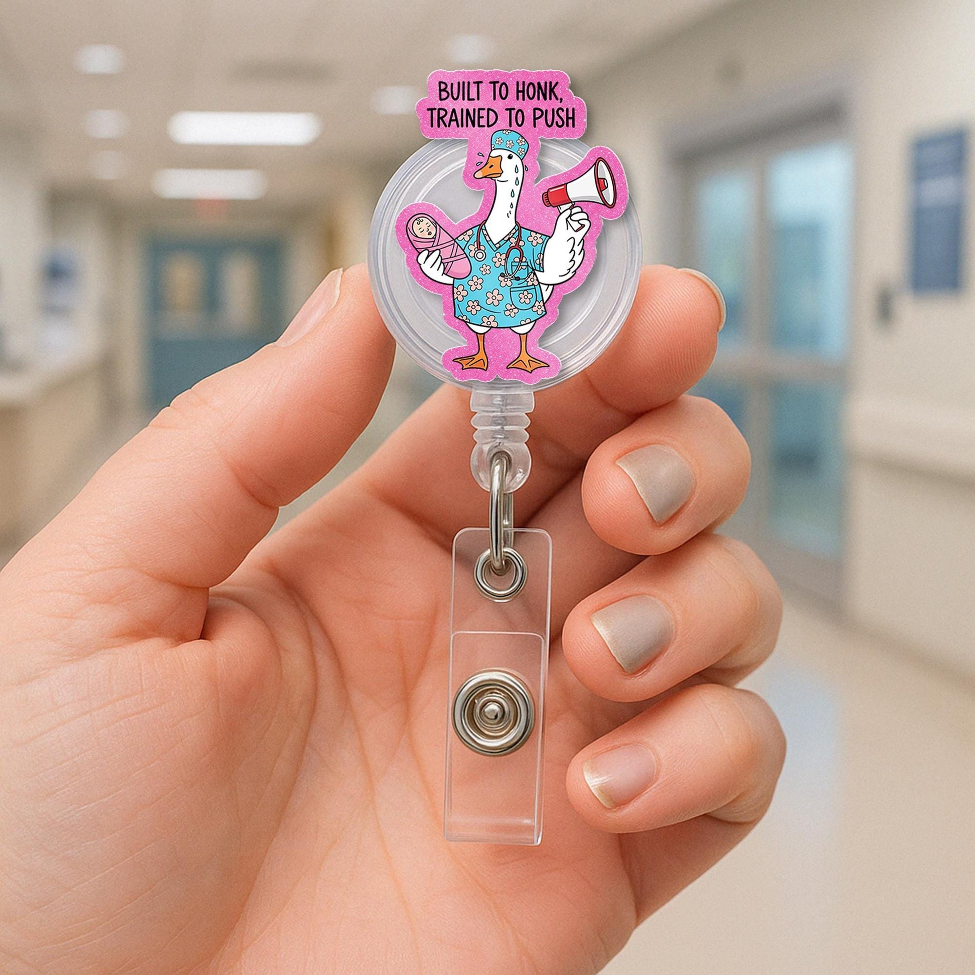 Funny L&D Nurse Badge Reel, Silly Goose Nurse ID Clip, Built to Honk Trained to Push, Labor and Delivery Nurse Gift, Cute Hospital Reel,NICU
