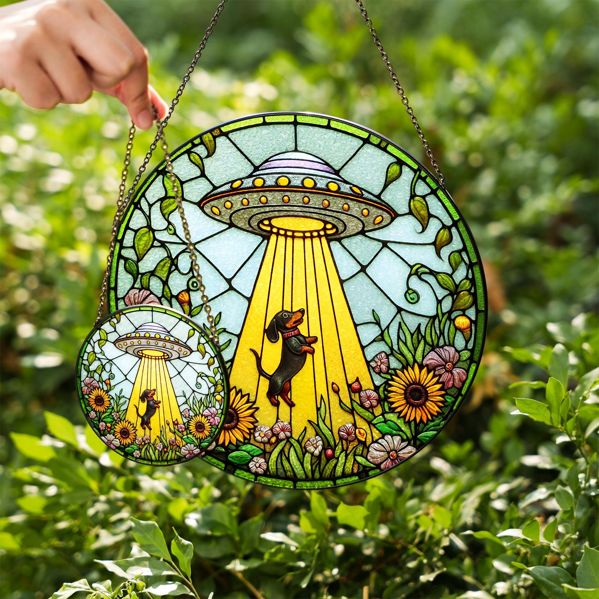UFO Dachshund Fauxed Stained Glass Suncatcher – Alien Dog Window Hanging, Whimsical Sunflower Decor, Funny Gift for Dog & Space Lovers
