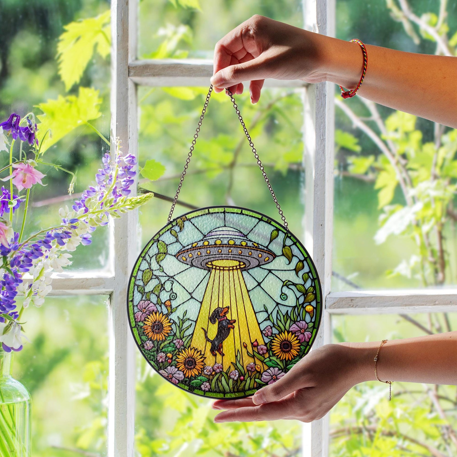 UFO Dachshund Fauxed Stained Glass Suncatcher – Alien Dog Window Hanging, Whimsical Sunflower Decor, Funny Gift for Dog & Space Lovers