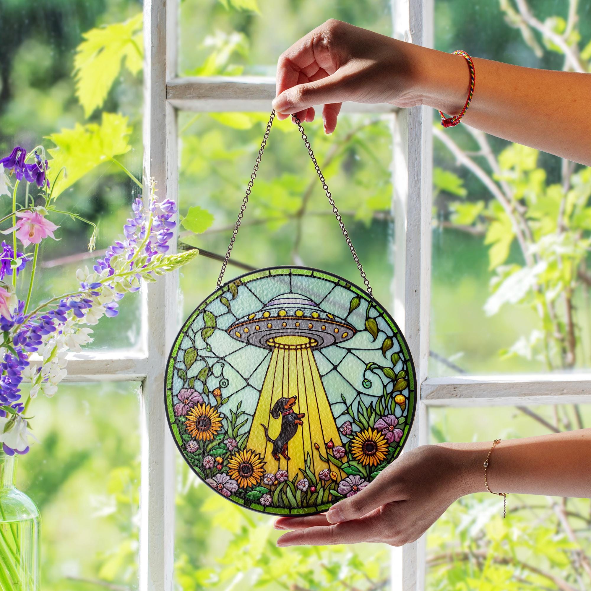 UFO Dachshund Fauxed Stained Glass Suncatcher – Alien Dog Window Hanging, Whimsical Sunflower Decor, Funny Gift for Dog & Space Lovers
