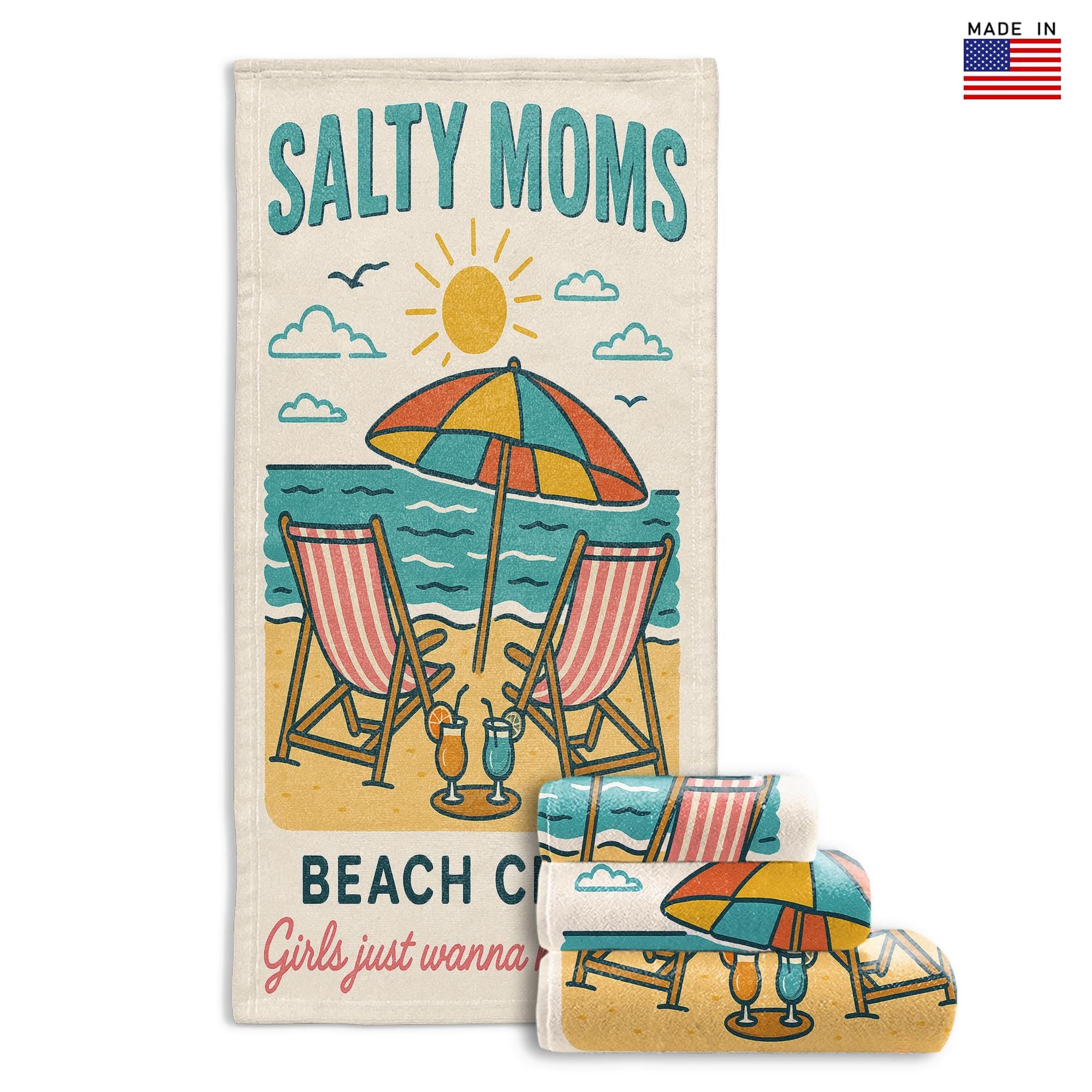 Salty Moms Beach Towel – Funny Beach Club Towel for Women, Summer Vacation Gift, Retro Girls Just Wanna Have Sun Coastal Towel