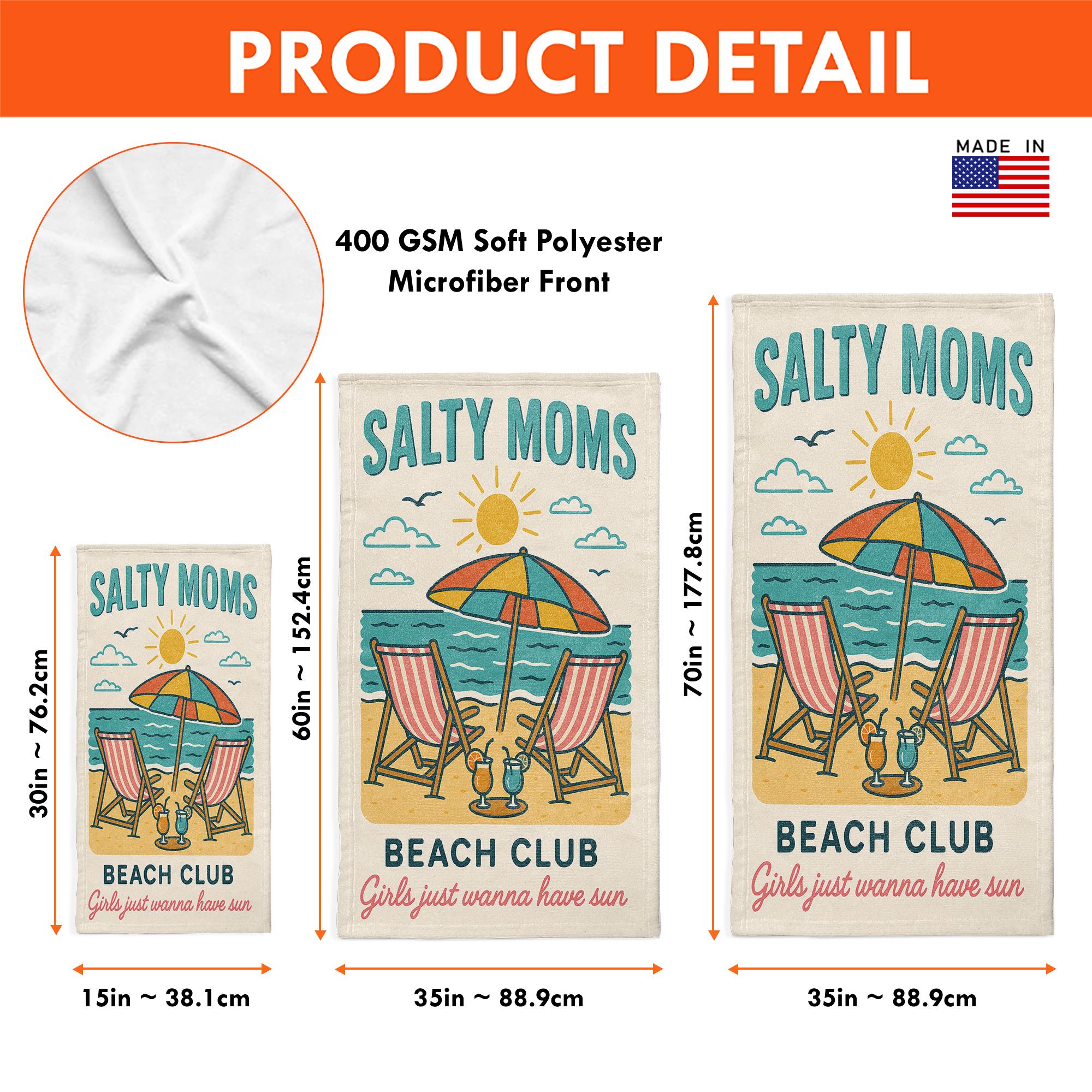Salty Moms Beach Towel – Funny Beach Club Towel for Women, Summer Vacation Gift, Retro Girls Just Wanna Have Sun Coastal Towel
