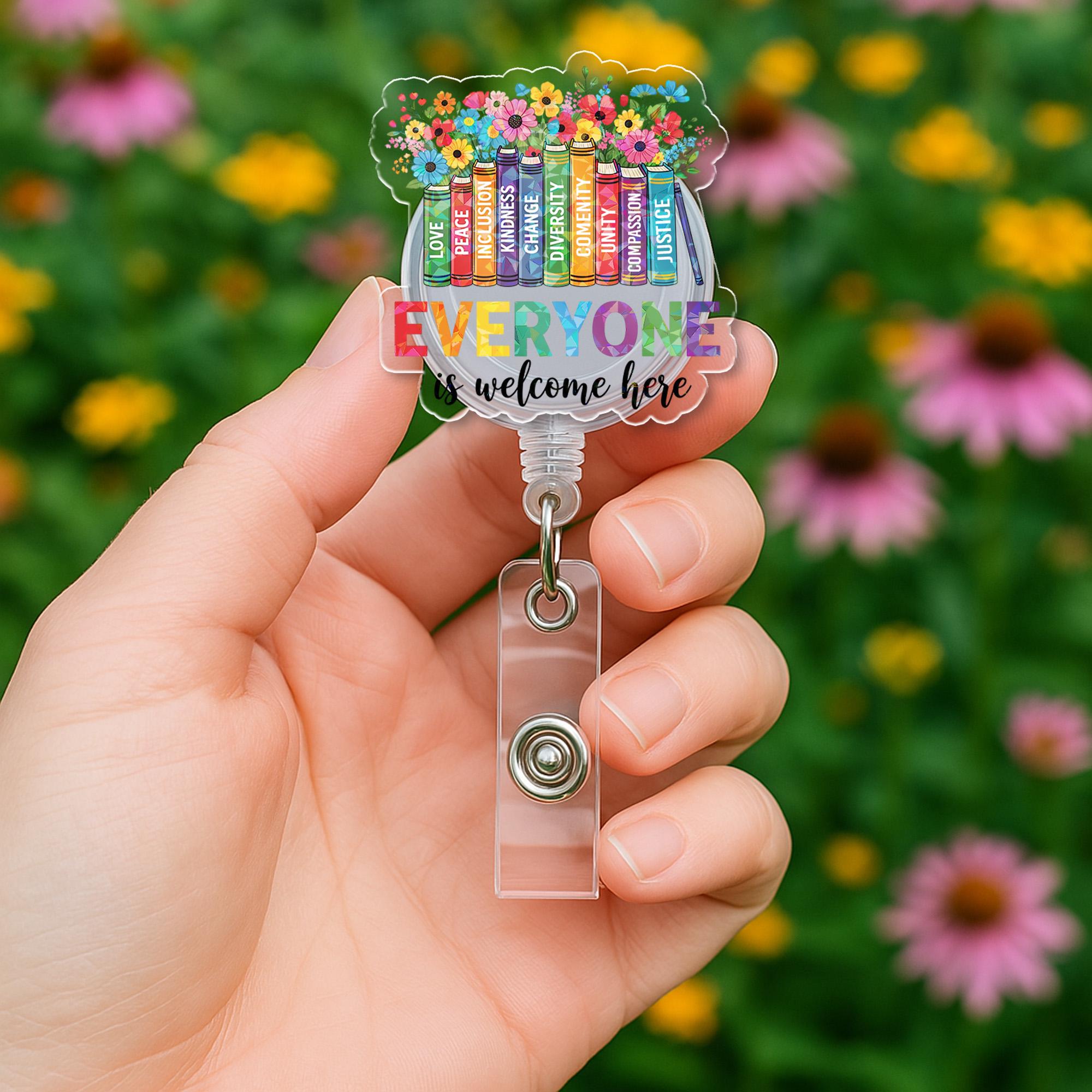 Everyone Is Welcome Here Badge Reel – Inclusive Bookstack ID Clip – Pride Teacher or Librarian Gift – Diversity Floral Badge Holder