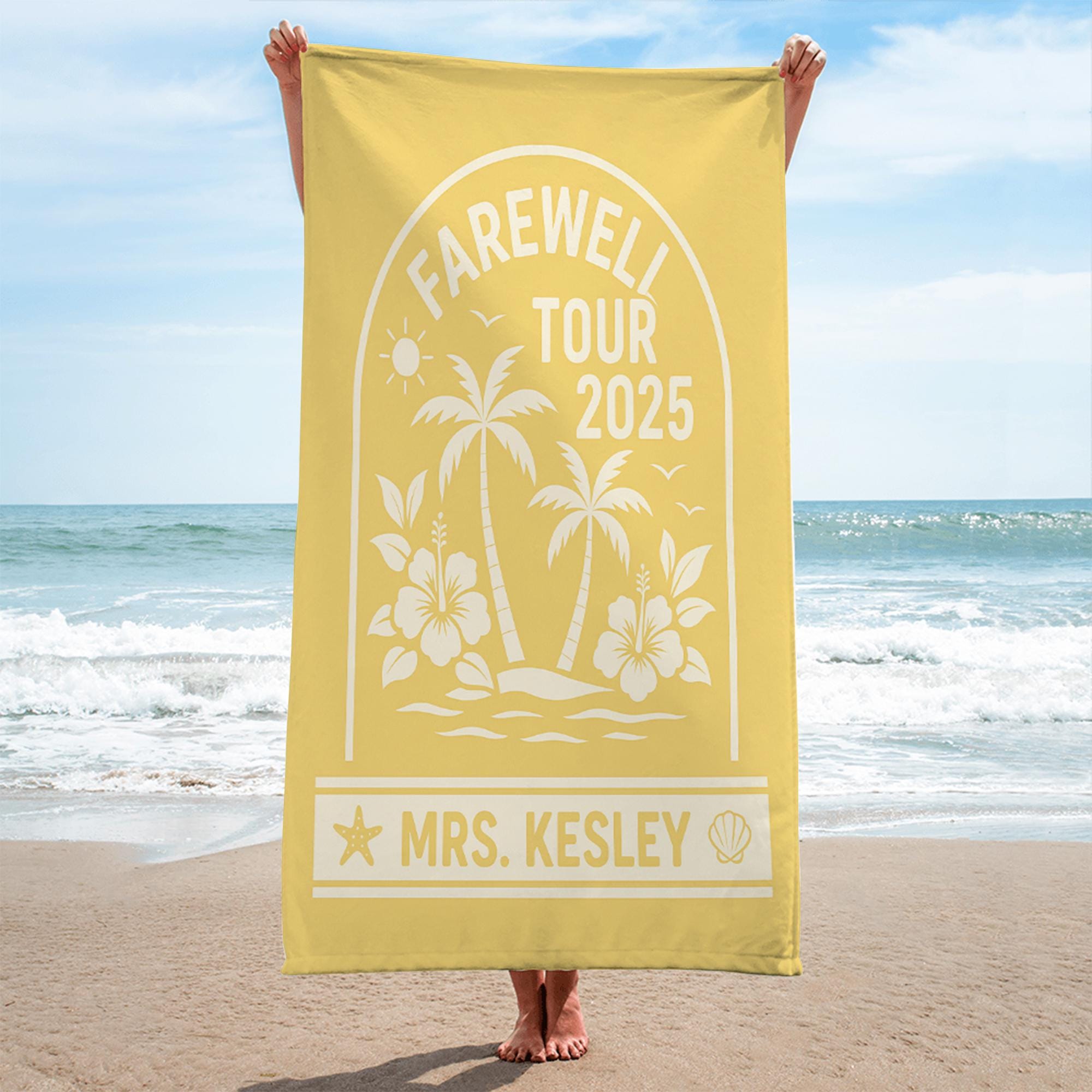 Farewell Tour 2025 Beach Towel – Personalized Retirement Gift for Women, Custom Name Vacation Towel, Teacher or Coworker Send-Off