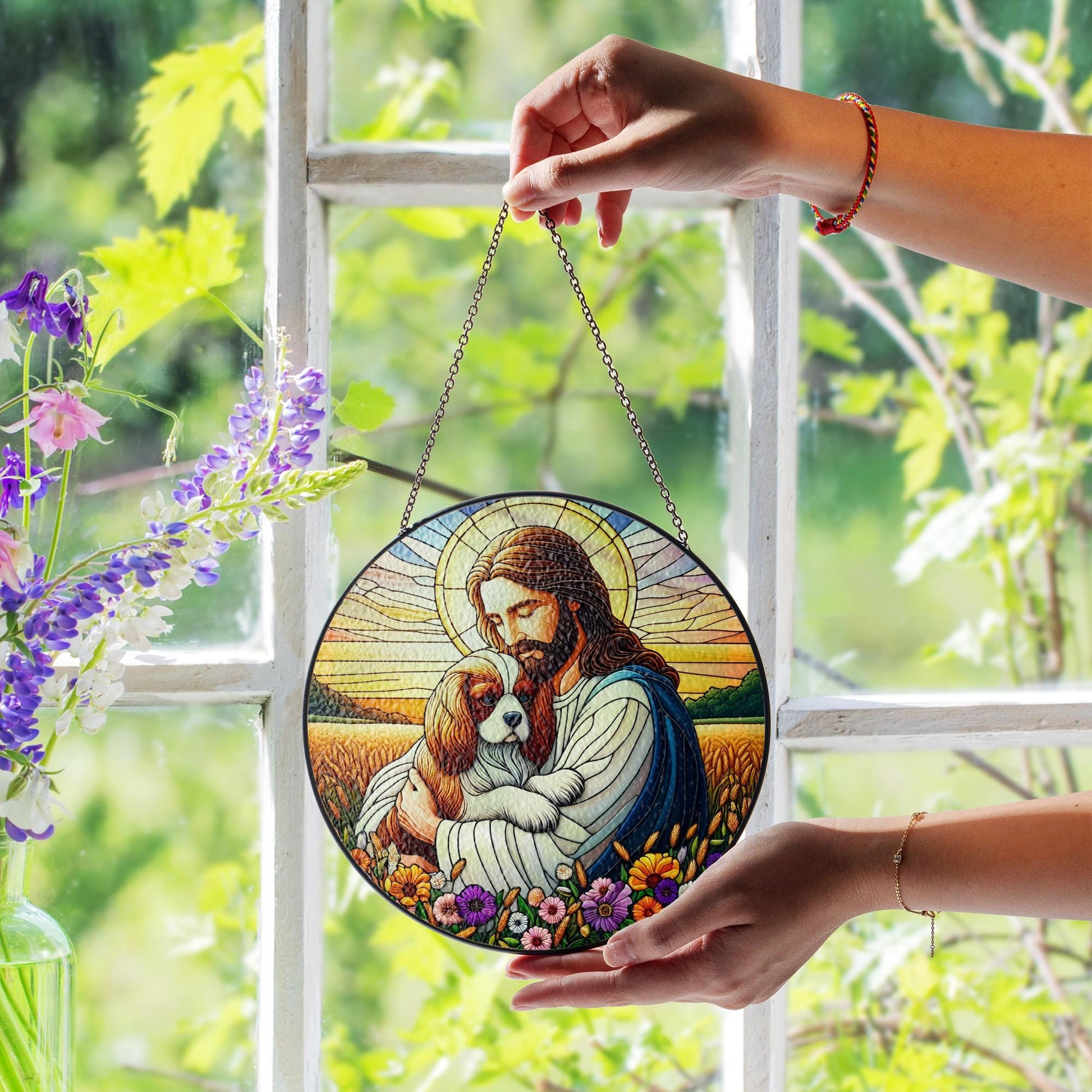 Jesus and Dog Glass Suncatcher, Pet Memorial Window Decor, Christian Gift, Rainbow Bridge Keepsake, Spiritual Home Accent