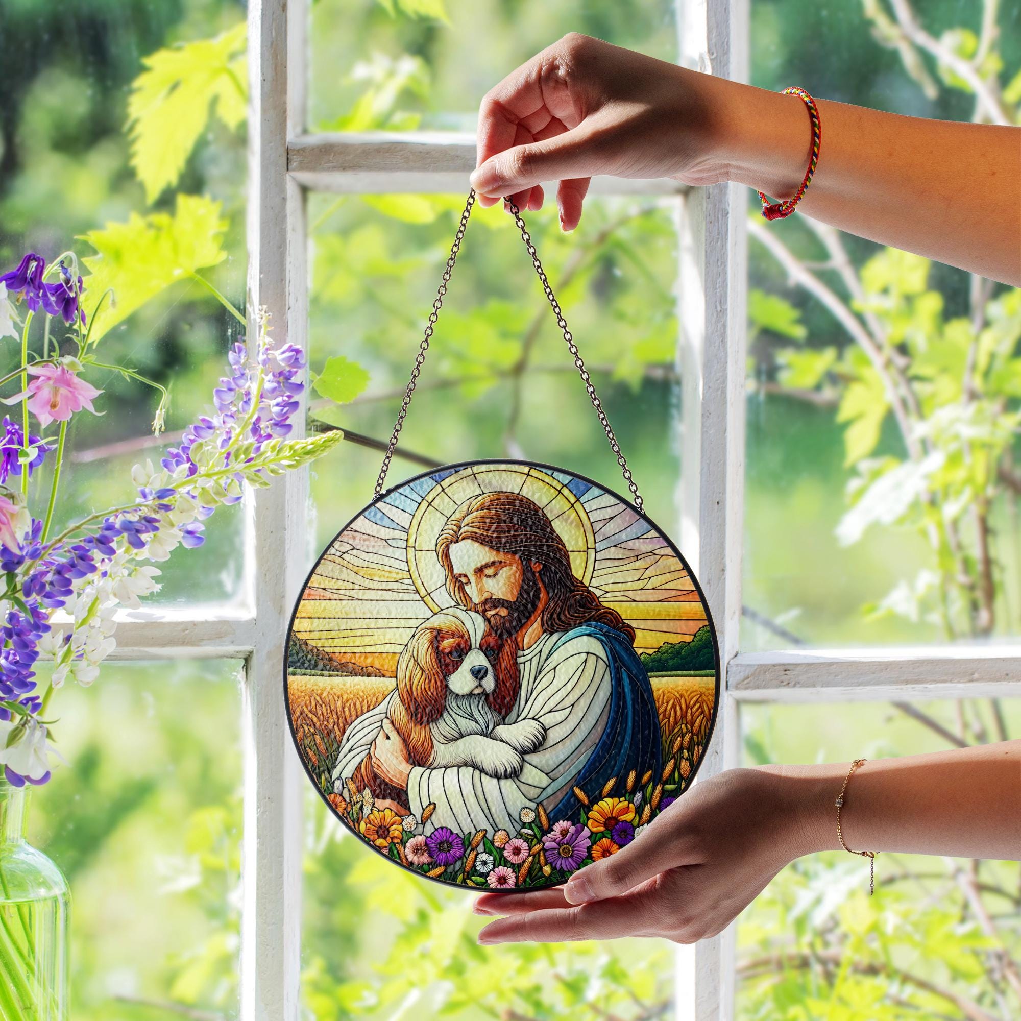 Jesus and Dog Glass Suncatcher, Pet Memorial Window Decor, Christian Gift, Rainbow Bridge Keepsake, Spiritual Home Accent