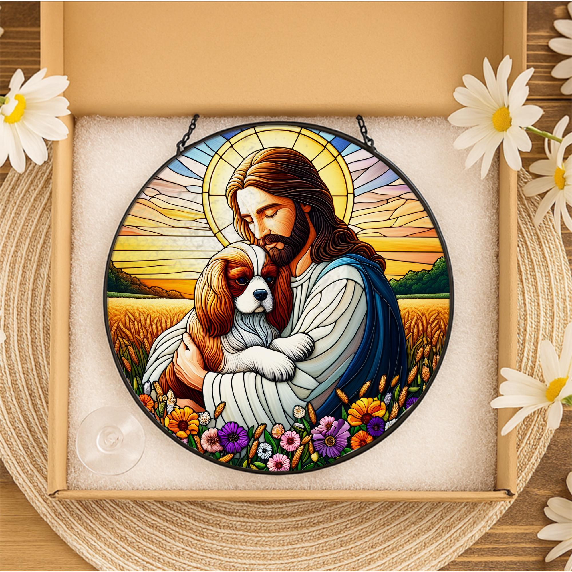 Jesus and Dog Glass Suncatcher, Pet Memorial Window Decor, Christian Gift, Rainbow Bridge Keepsake, Spiritual Home Accent