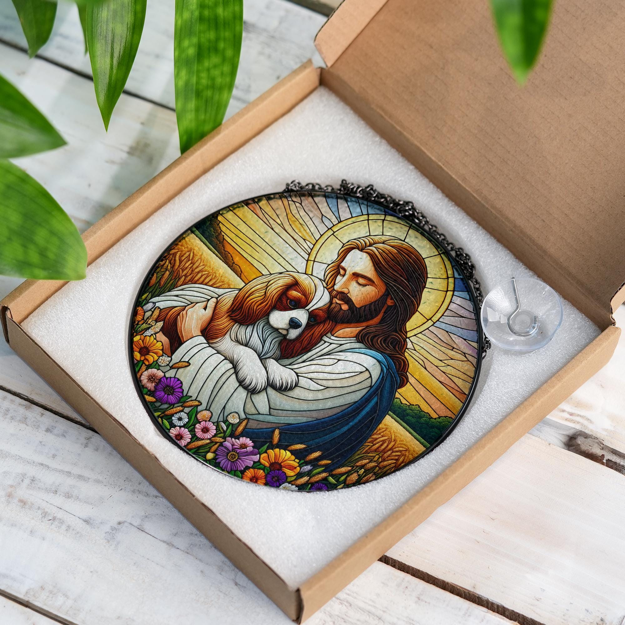 Jesus and Dog Glass Suncatcher, Pet Memorial Window Decor, Christian Gift, Rainbow Bridge Keepsake, Spiritual Home Accent