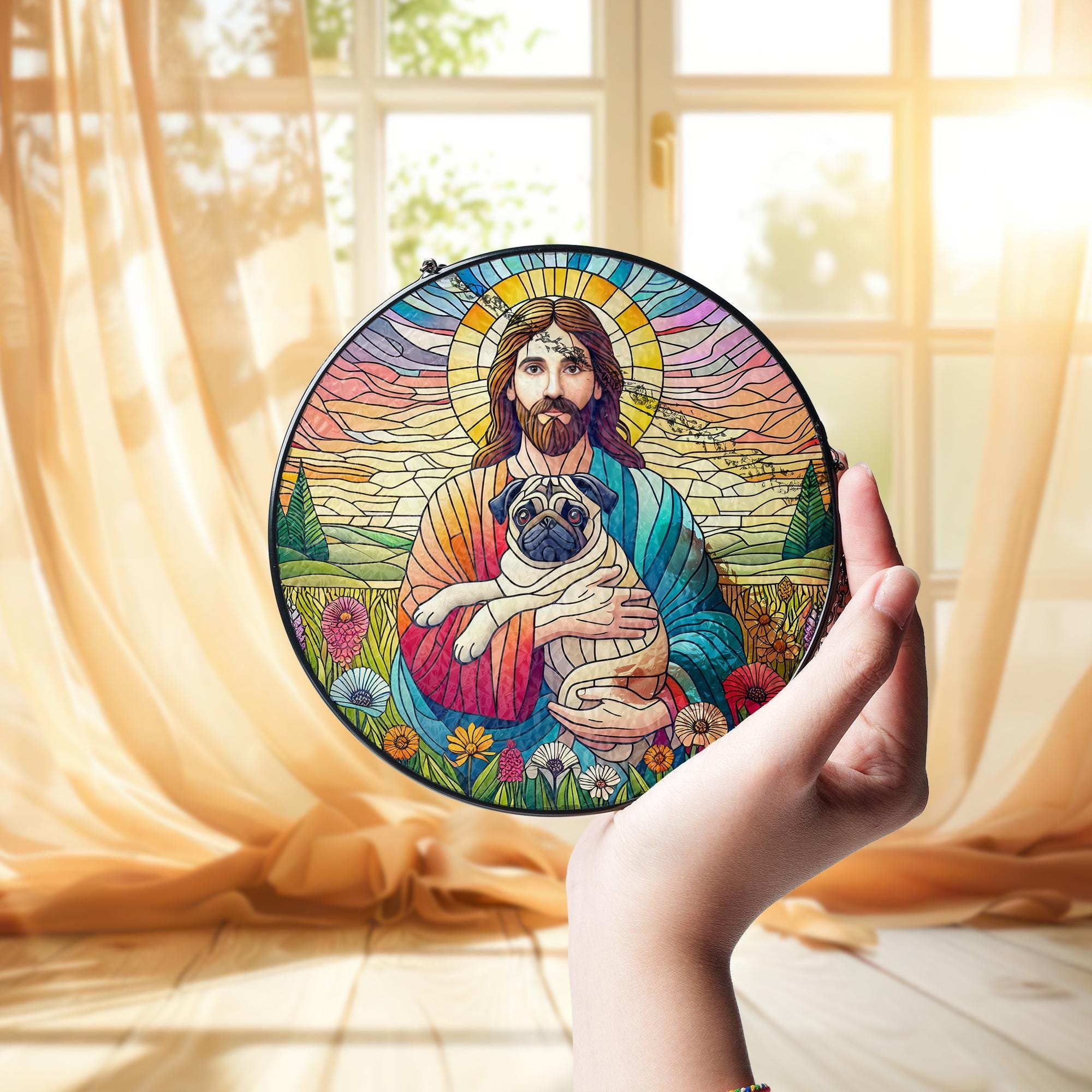 Jesus Holding Pug Glass Suncatcher, Pet Memorial Gift, Christian Dog Lover Decor, Rainbow Bridge Keepsake Window Ornament