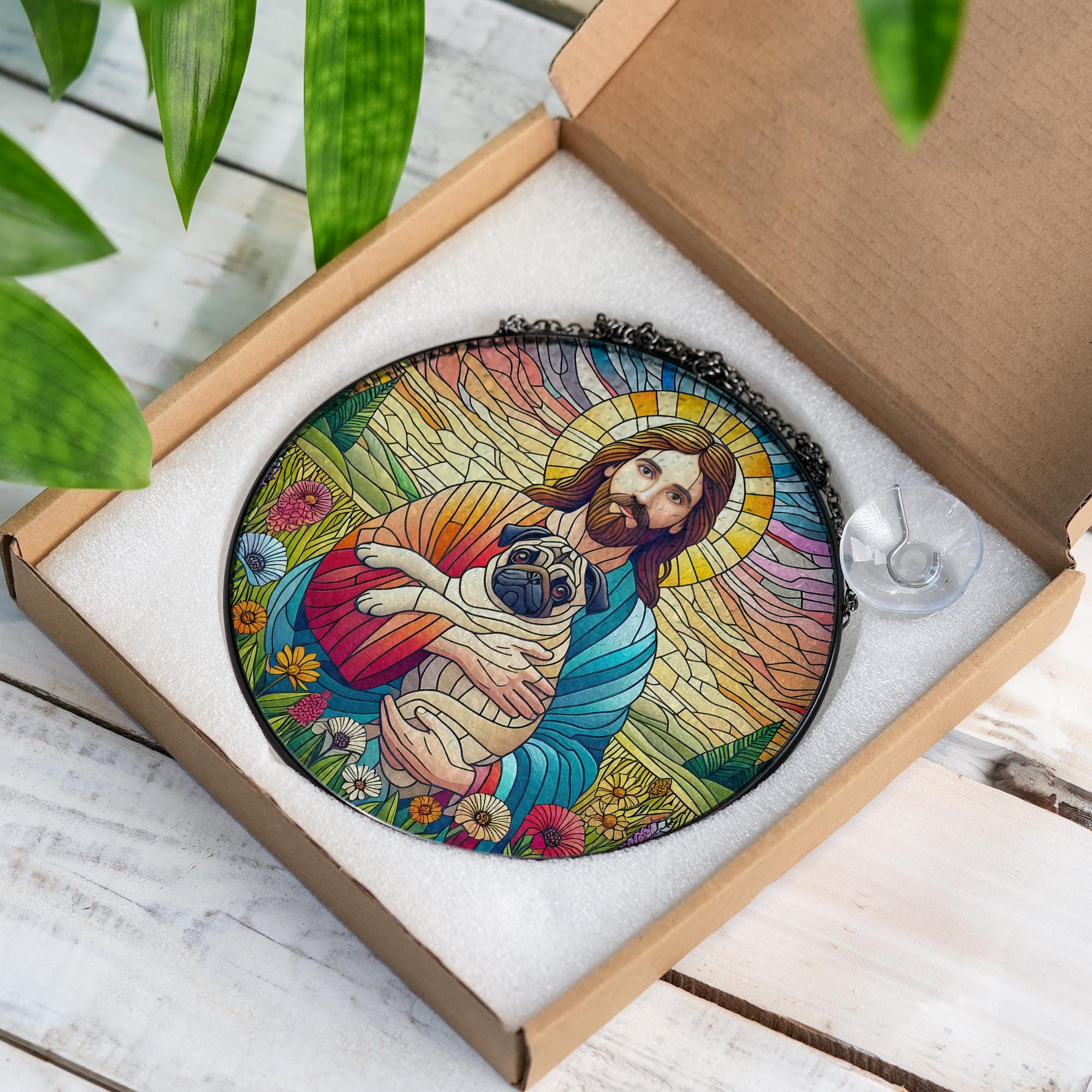 Jesus Holding Pug Glass Suncatcher, Pet Memorial Gift, Christian Dog Lover Decor, Rainbow Bridge Keepsake Window Ornament