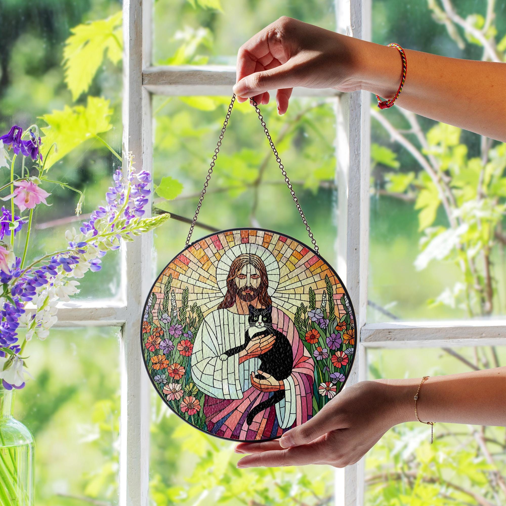 Jesus Holding tuxedo Cat Glass Suncatcher, Pet Memorial Window Decor, Christian Cat Lover Gift, Tuxedo Cat Rainbow Bridge Keepsake