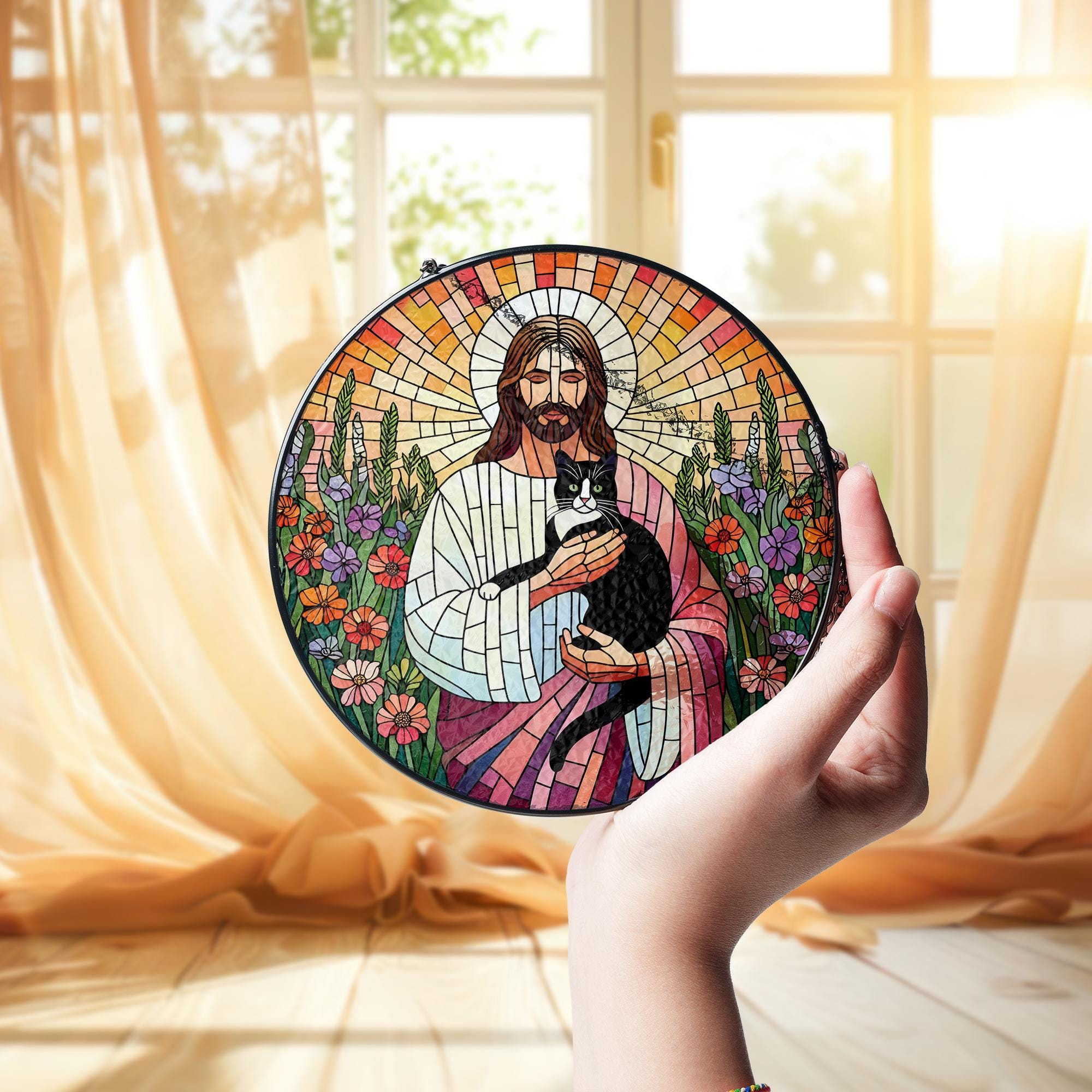 Jesus Holding tuxedo Cat Glass Suncatcher, Pet Memorial Window Decor, Christian Cat Lover Gift, Tuxedo Cat Rainbow Bridge Keepsake