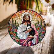 Jesus Holding tuxedo Cat Glass Suncatcher, Pet Memorial Window Decor, Christian Cat Lover Gift, Tuxedo Cat Rainbow Bridge Keepsake