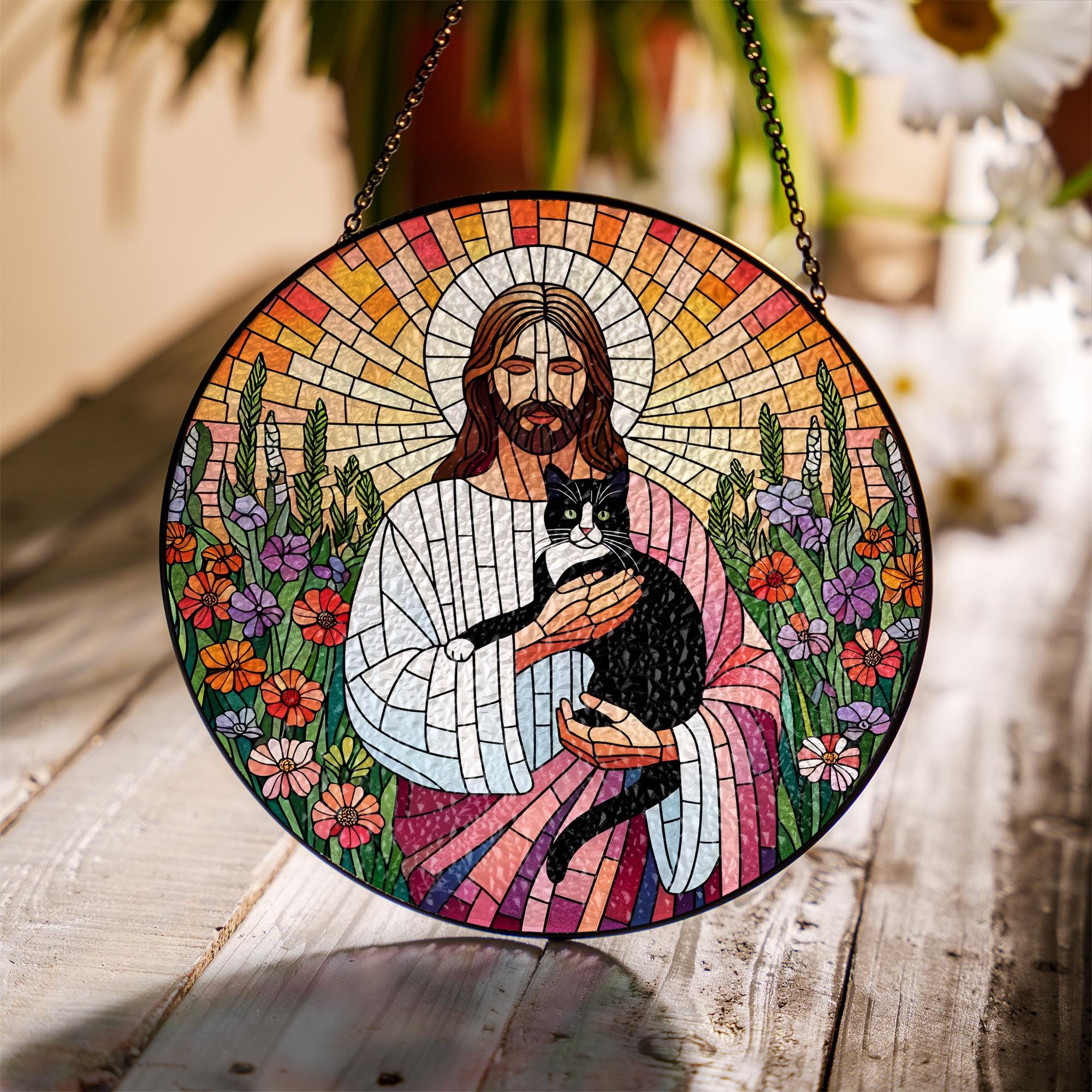 Jesus Holding tuxedo Cat Glass Suncatcher, Pet Memorial Window Decor, Christian Cat Lover Gift, Tuxedo Cat Rainbow Bridge Keepsake