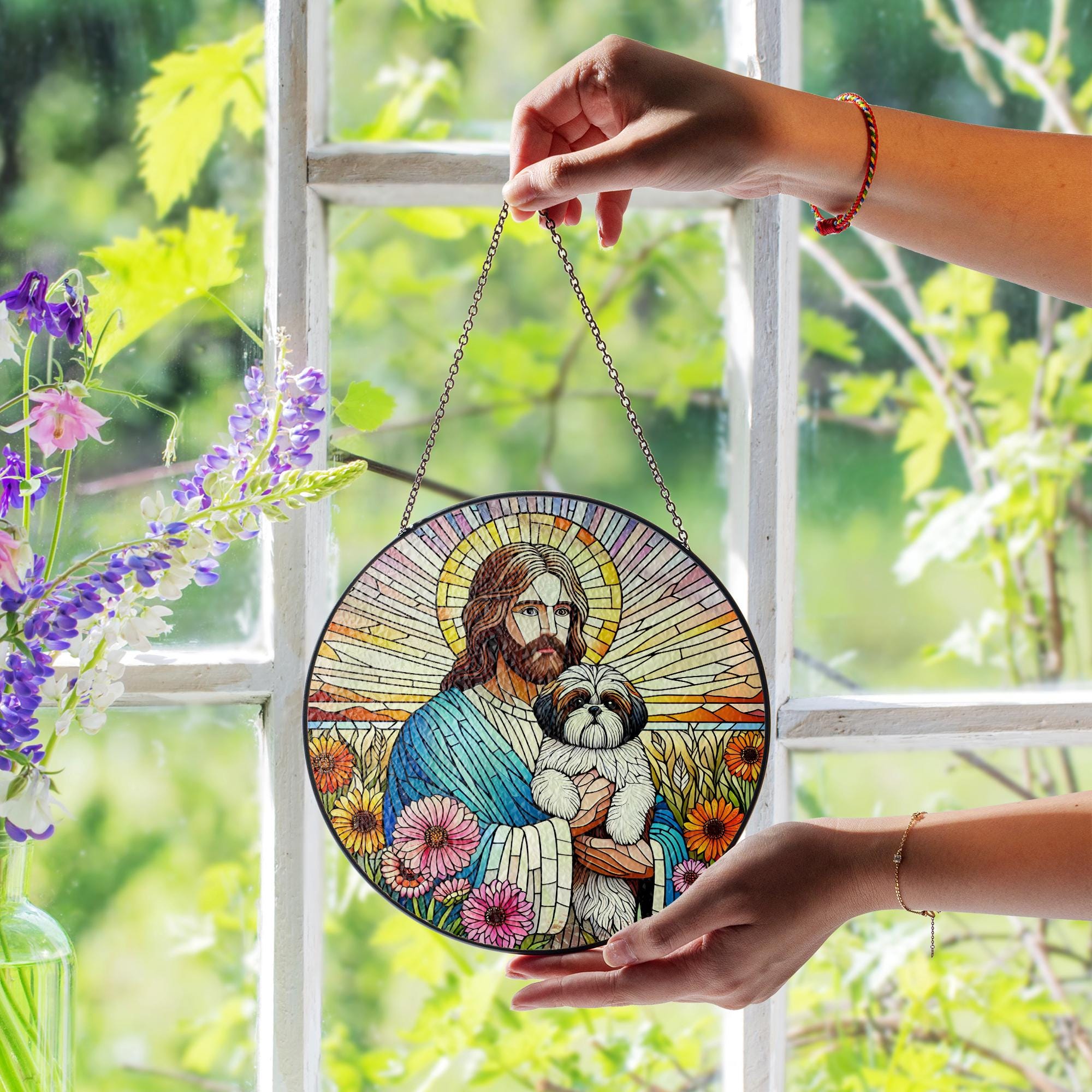 Jesus Holding Shih Tzu Glass Suncatcher, Pet Memorial Gift, Dog Lover Window Decor, Rainbow Bridge Keepsake for Dog Parents