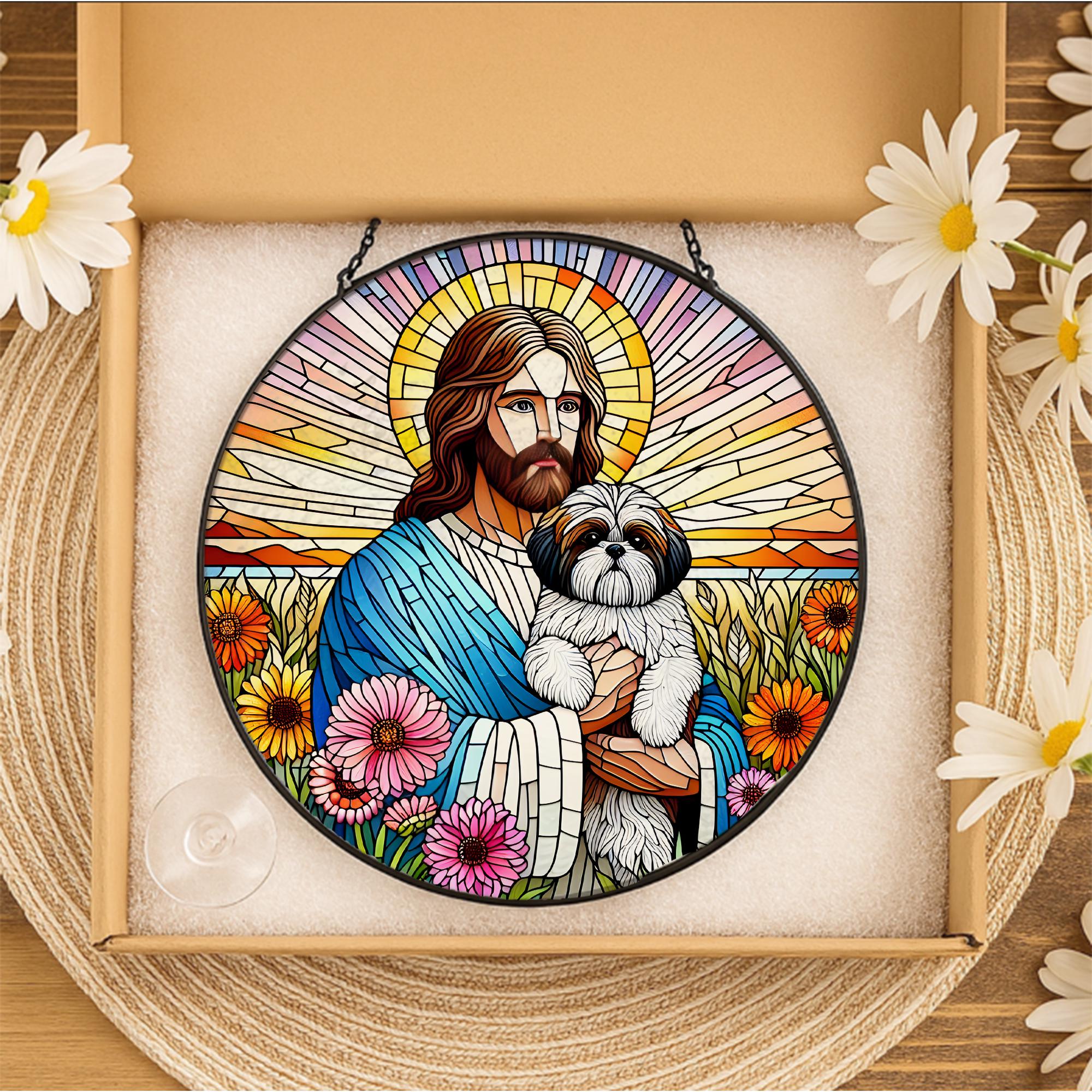 Jesus Holding Shih Tzu Glass Suncatcher, Pet Memorial Gift, Dog Lover Window Decor, Rainbow Bridge Keepsake for Dog Parents