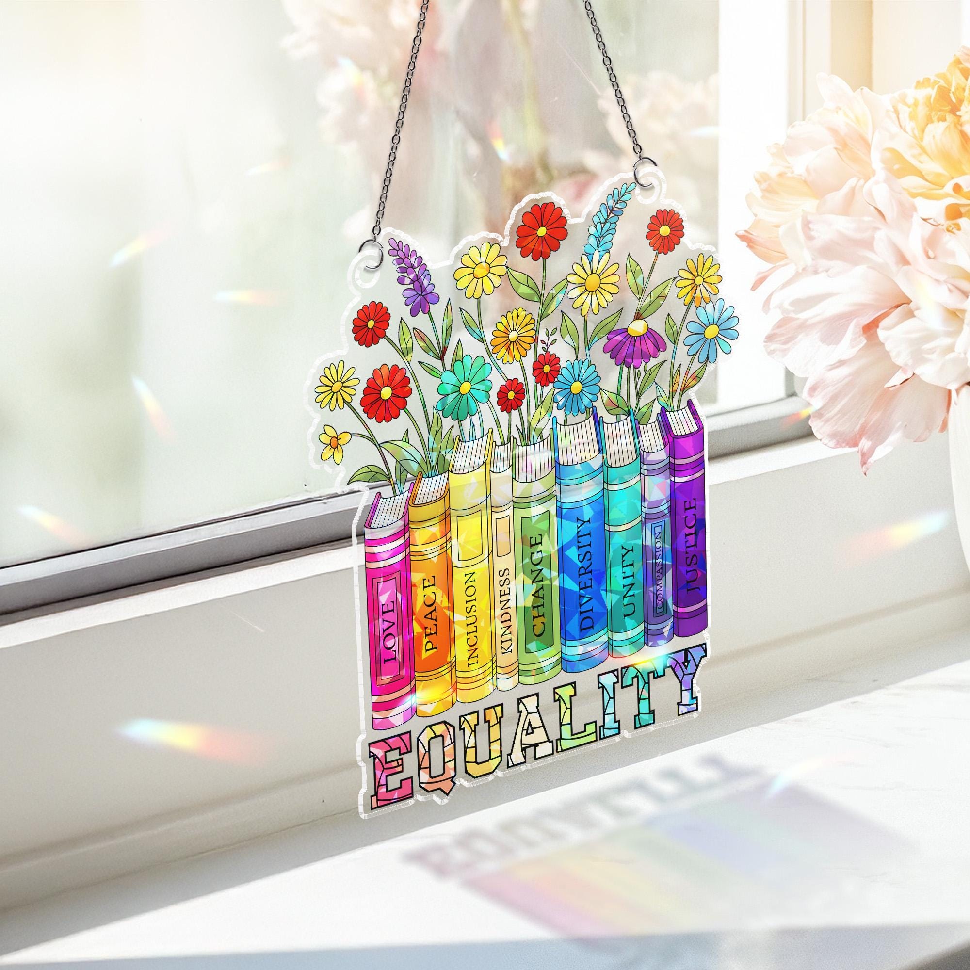 Equality LGBT Bookshelf Suncatcher, Acrylic Window Hanging Ornament, Inspirational Reading Lover Gift, LGBTQ+ Pride Month Gift