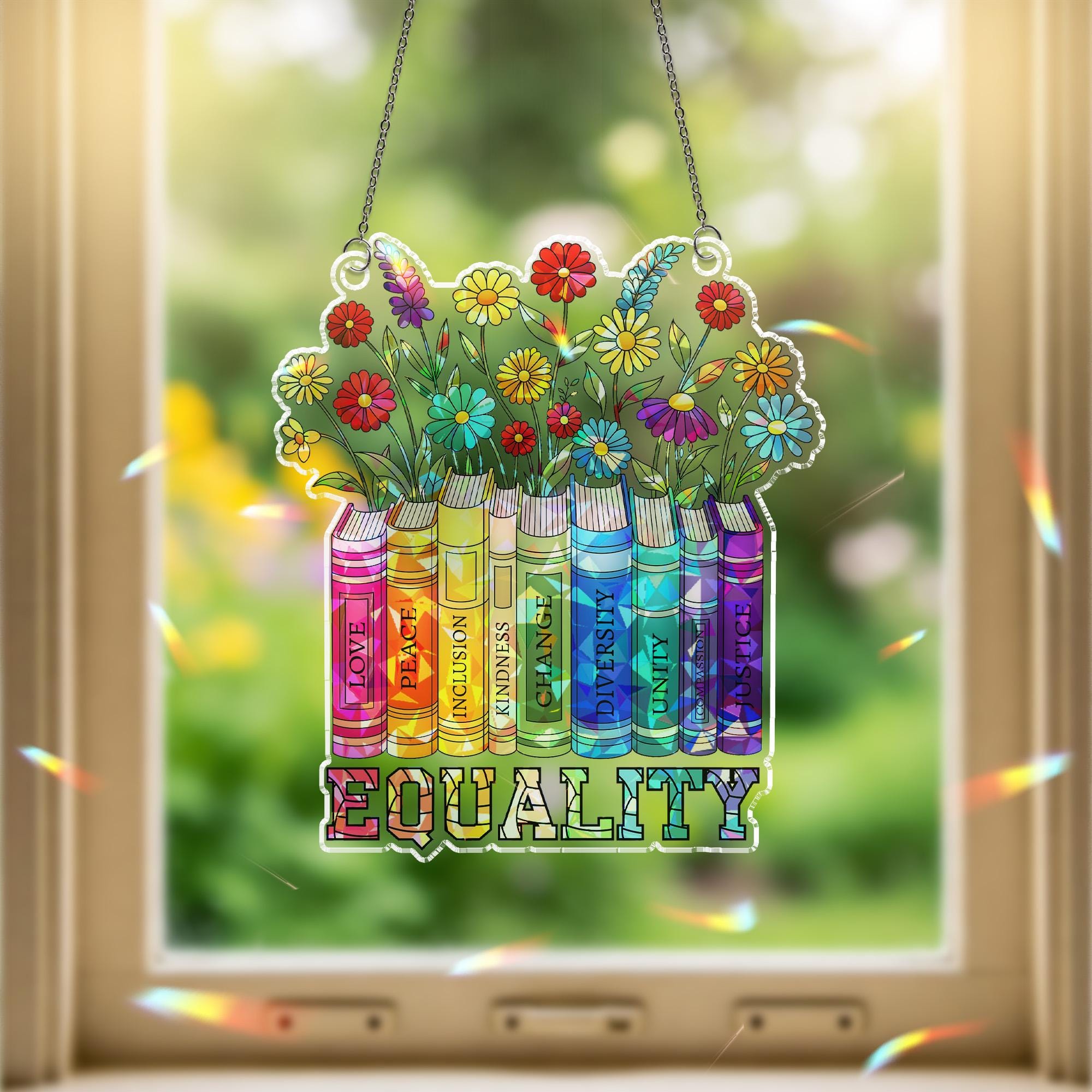 Equality LGBT Bookshelf Suncatcher, Acrylic Window Hanging Ornament, Inspirational Reading Lover Gift, LGBTQ+ Pride Month Gift