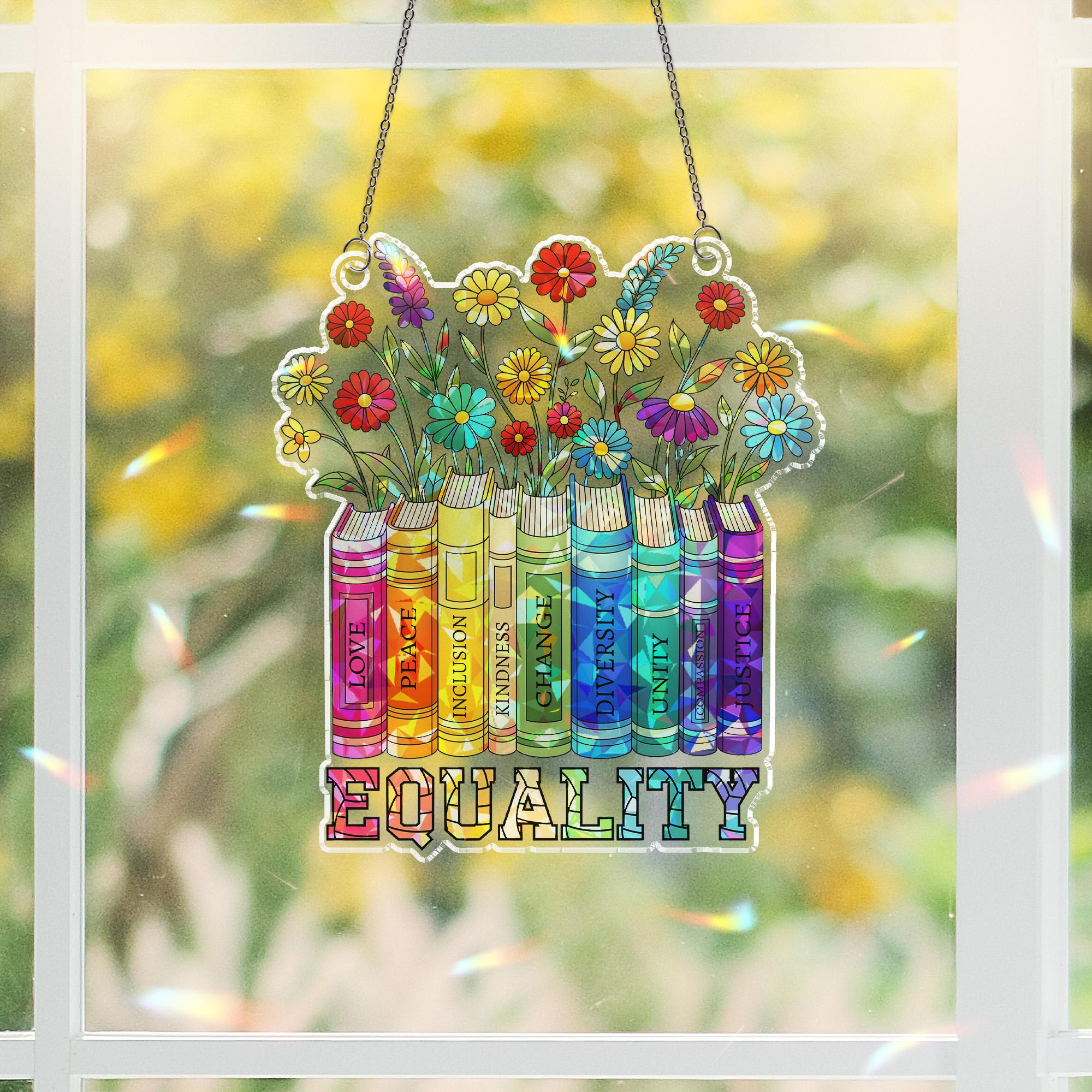 Equality LGBT Bookshelf Suncatcher, Acrylic Window Hanging Ornament, Inspirational Reading Lover Gift, LGBTQ+ Pride Month Gift
