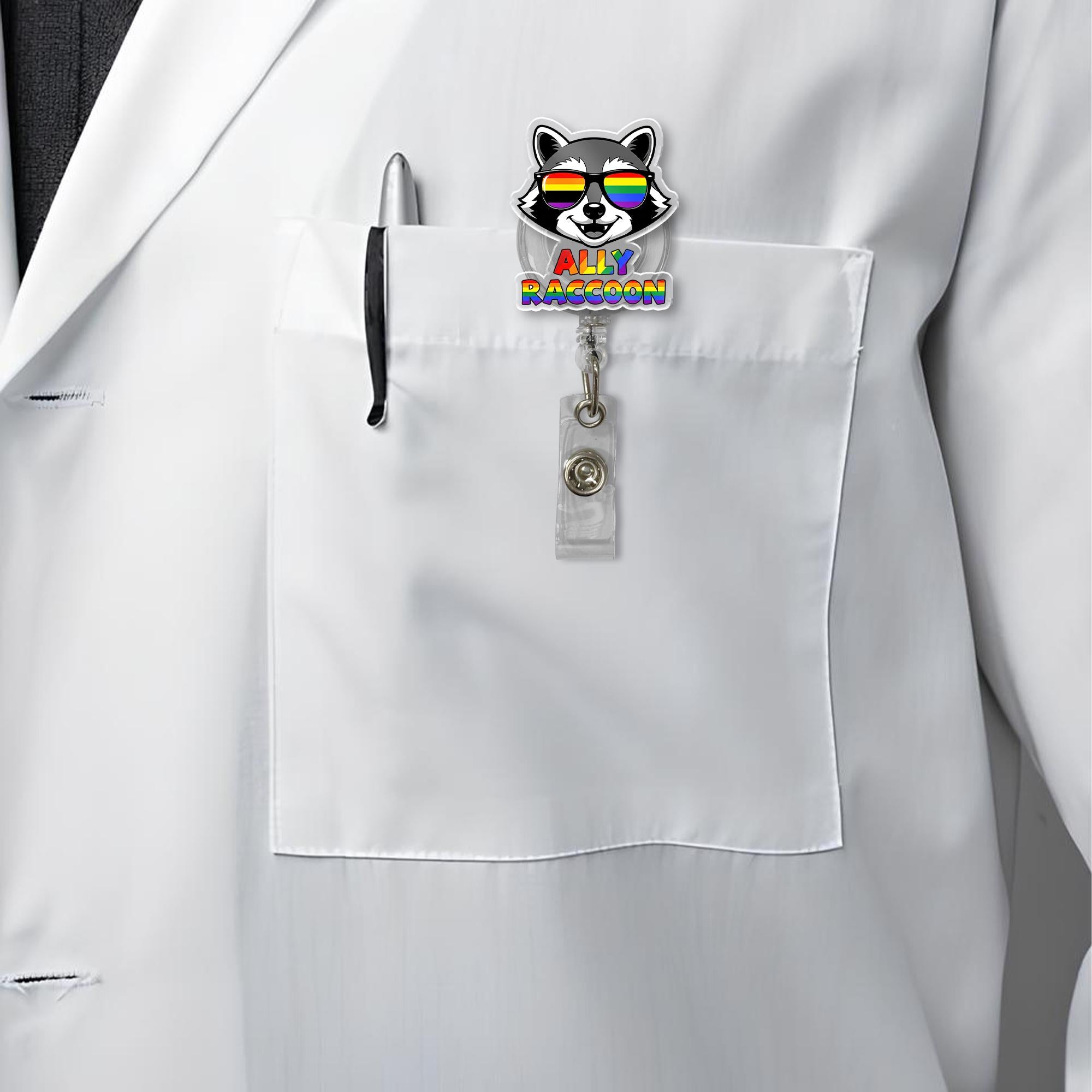 Ally Raccoon Badge Reel | LGBTQ+ Pride ID Holder for Allies | Rainbow Retractable Clip | Cute Animal Badge | Pride Month Gift