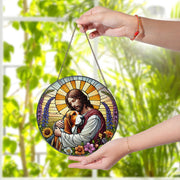 Jesus Holding Basset Hound Glass Suncatcher, Dog Memorial Window Gift, Christian Pet Tribute, Rainbow Bridge Dog Decor