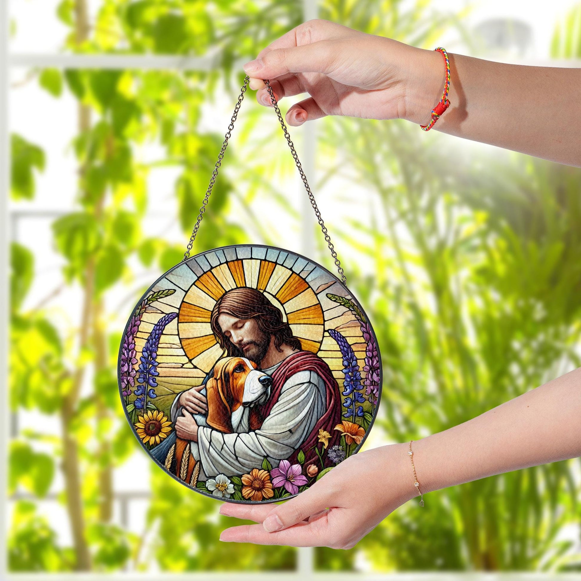 Jesus Holding Basset Hound Glass Suncatcher, Dog Memorial Window Gift, Christian Pet Tribute, Rainbow Bridge Dog Decor