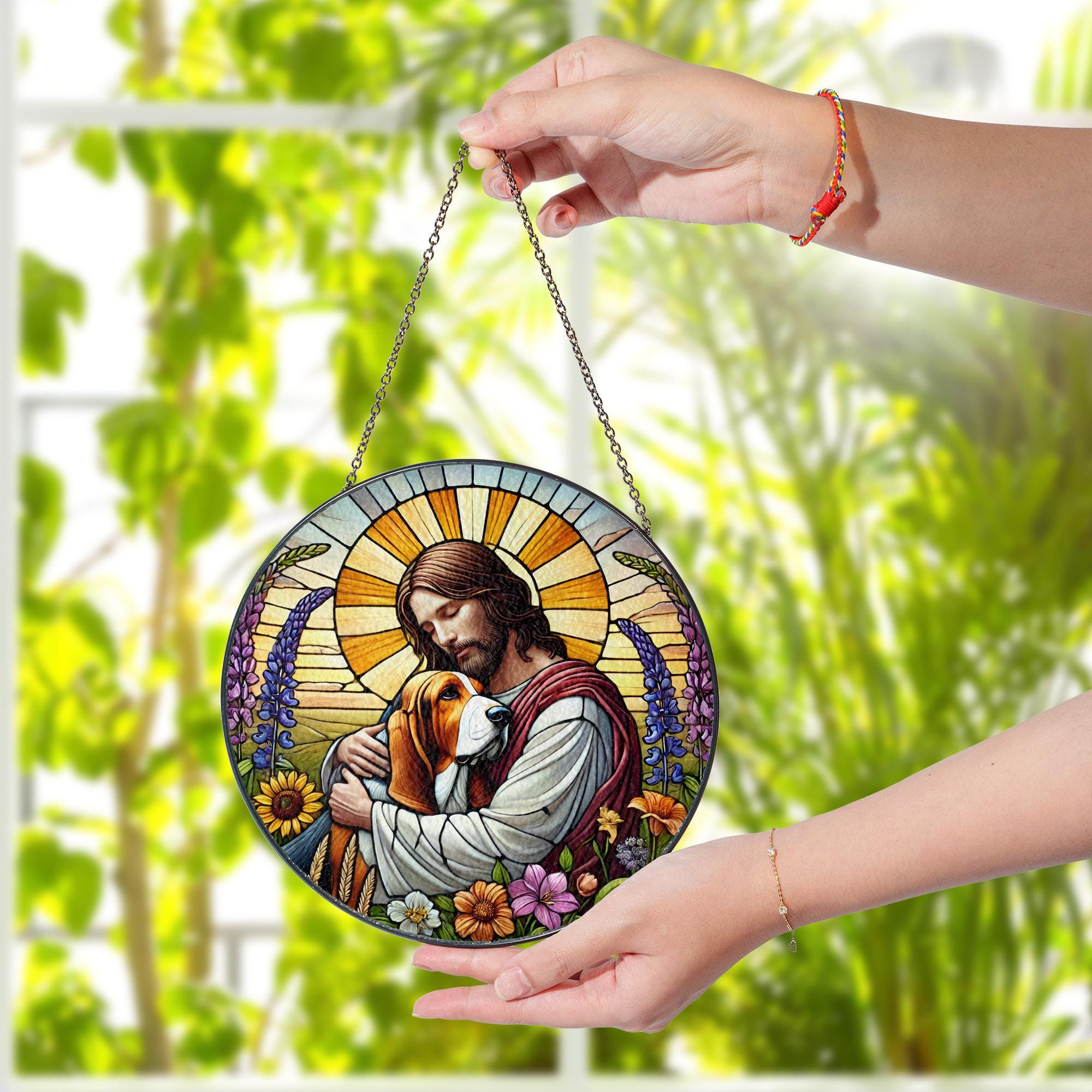 Jesus Holding Basset Hound Glass Suncatcher, Dog Memorial Window Gift, Christian Pet Tribute, Rainbow Bridge Dog Decor