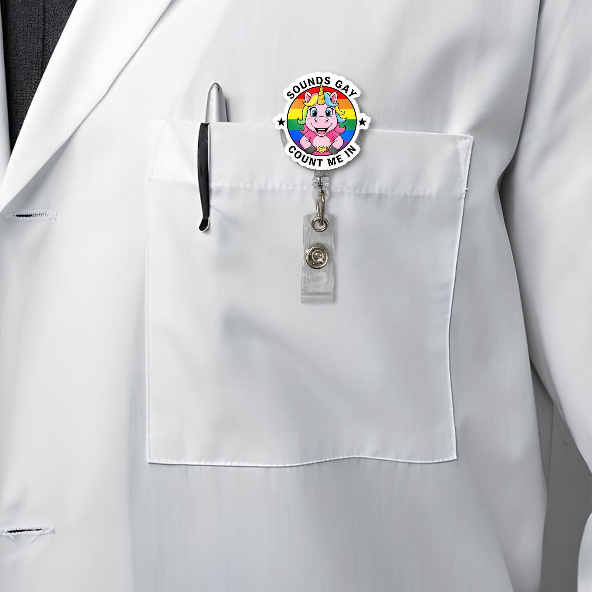 Sounds Gay Count Me In Unicorn Badge Reel, Rainbow LGBTQ+ Pride Flag ID Holder, Cute Funny Retractable Clip Nurse, Teacher, Queer Ally Gift