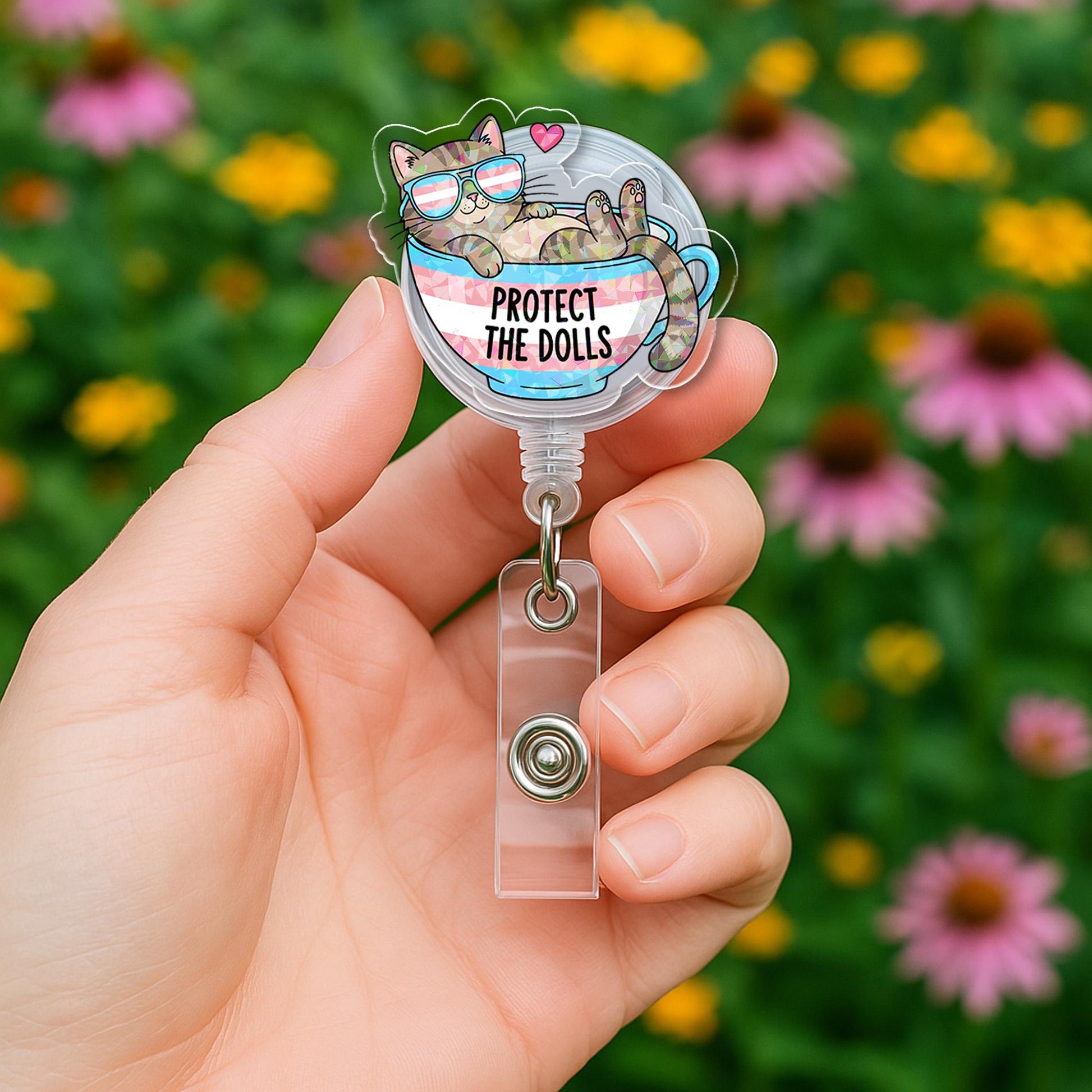 Protect the Dolls Badge Reel | Trans Pride Cat ID Holder | LGBTQ+ Nurse Gift | Funny Pride Month Clip | Cute Teacup Badge Reel