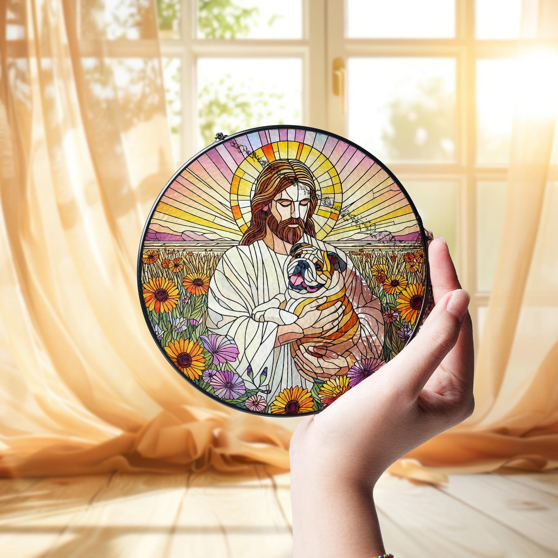 Jesus Holding Bulldog Glass Suncatcher, Dog Memorial Gift, Christian Pet Loss Window Art, Rainbow Bridge Bulldog Decor