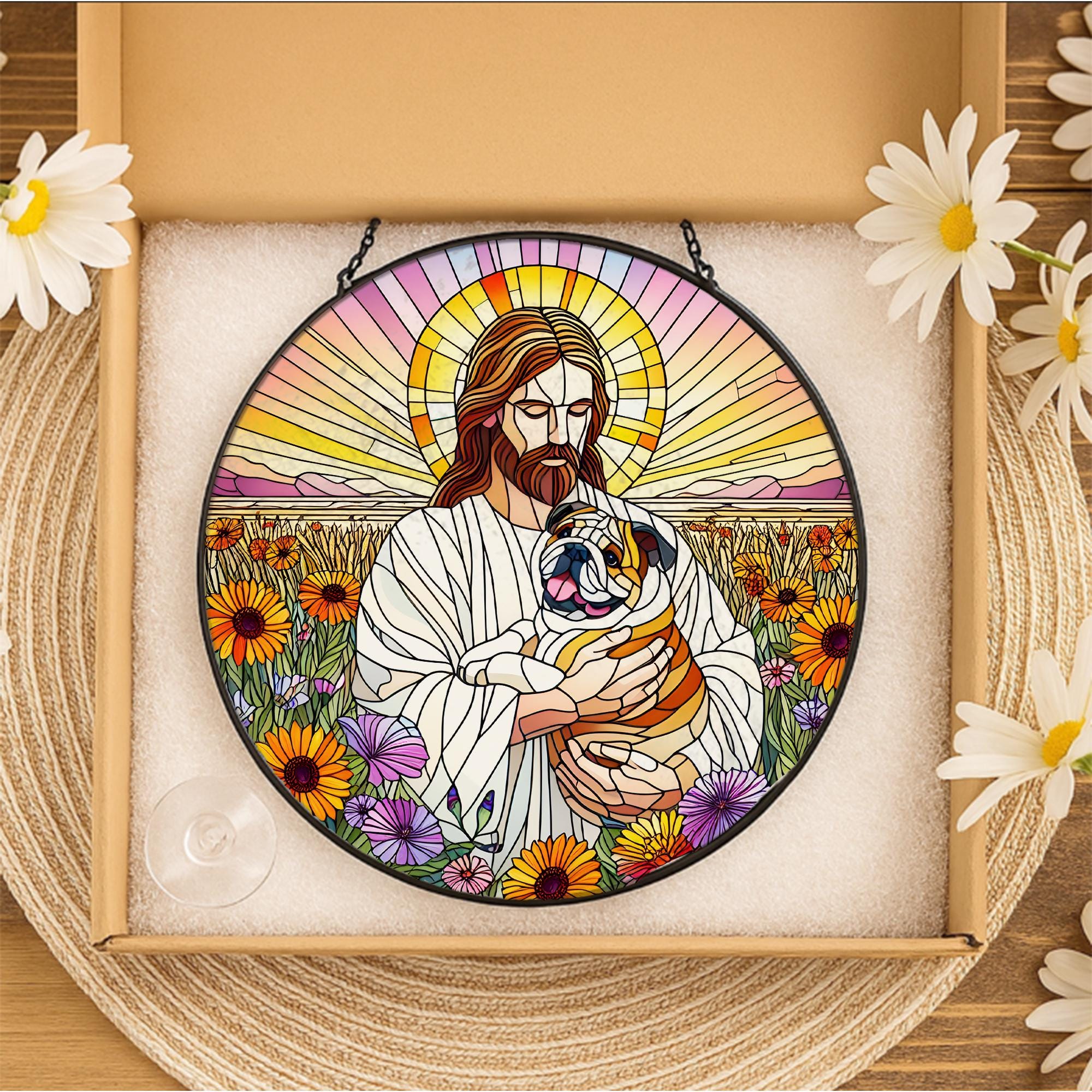Jesus Holding Bulldog Glass Suncatcher, Dog Memorial Gift, Christian Pet Loss Window Art, Rainbow Bridge Bulldog Decor
