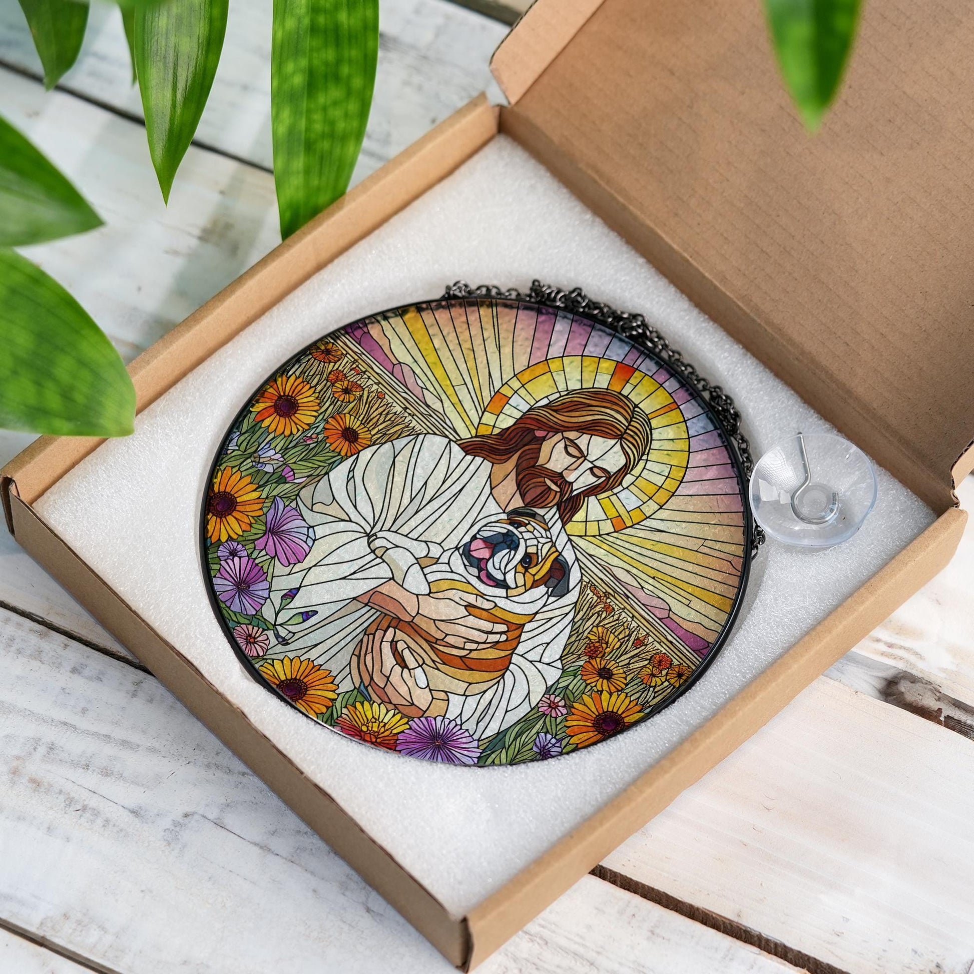 Jesus Holding Bulldog Glass Suncatcher, Dog Memorial Gift, Christian Pet Loss Window Art, Rainbow Bridge Bulldog Decor