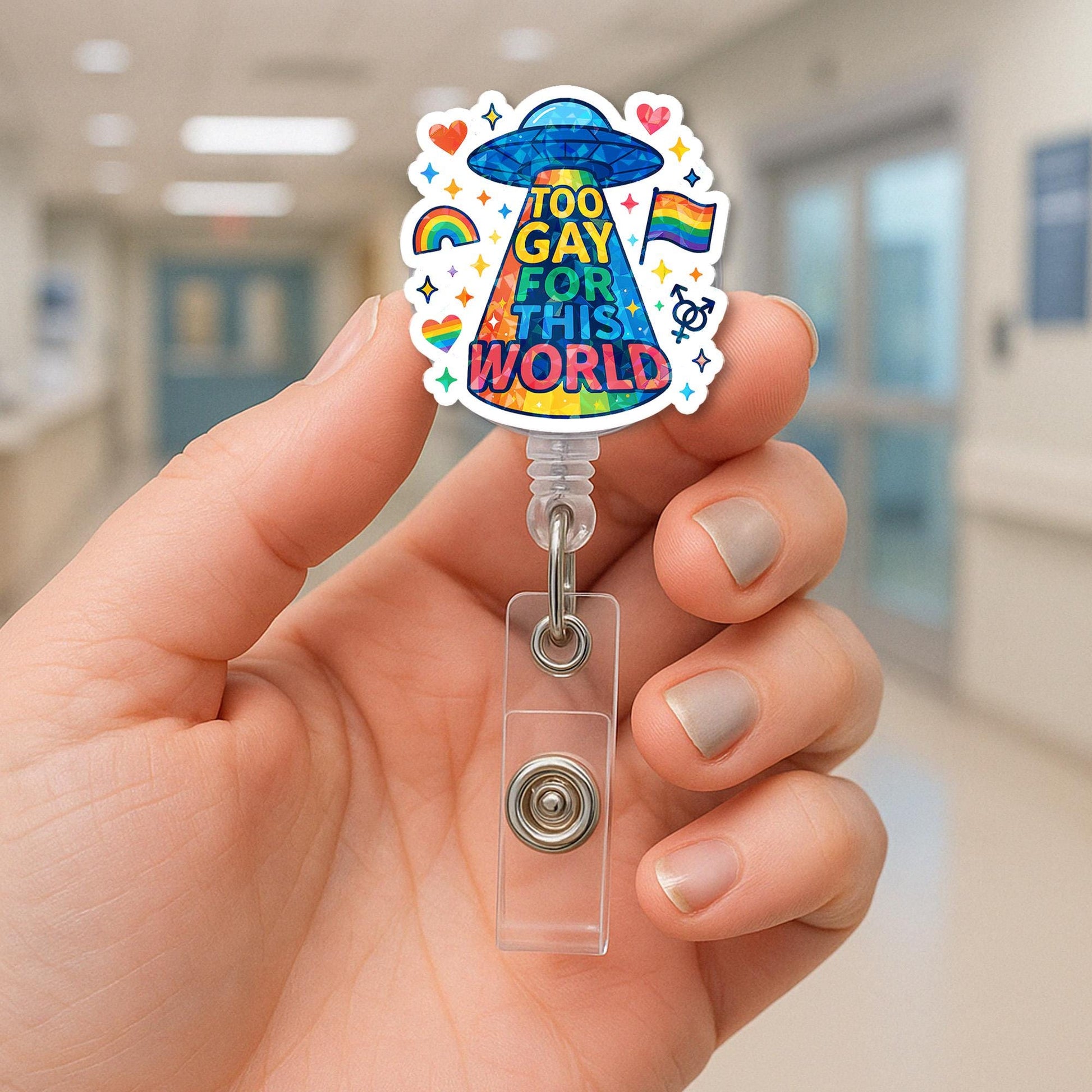Too Gay for This World Badge Reel | Funny LGBTQ+ Pride ID Holder | Rainbow Alien Clip | Cute Nurse Badge | Pride Month Gift